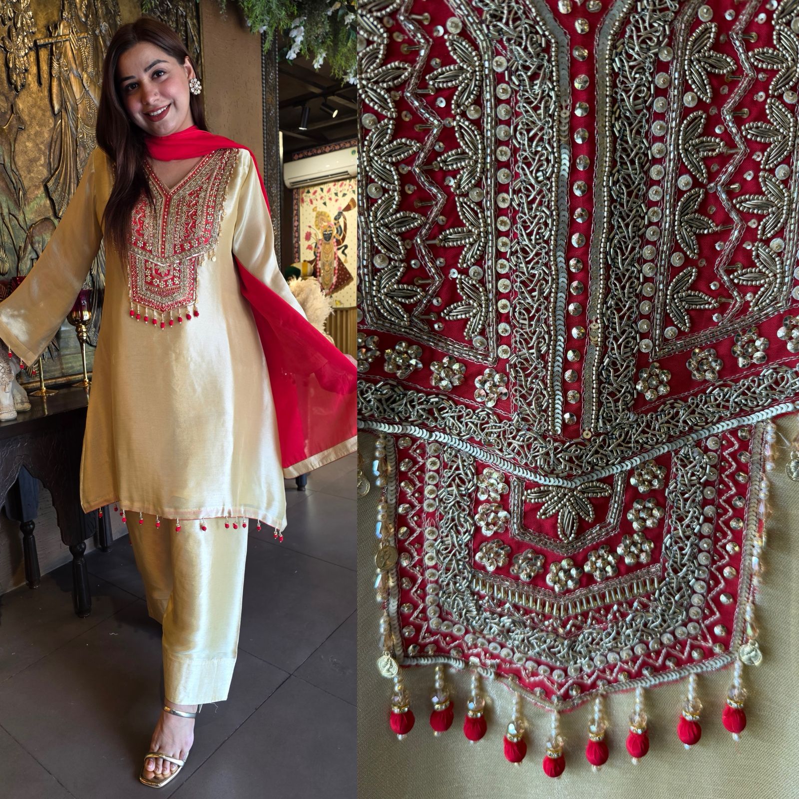 Champagne & Crimson Hand Embroidered Kurta Set