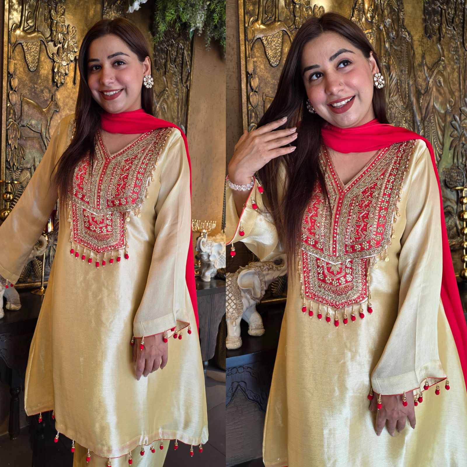 Champagne & Crimson Hand Embroidered Kurta Set