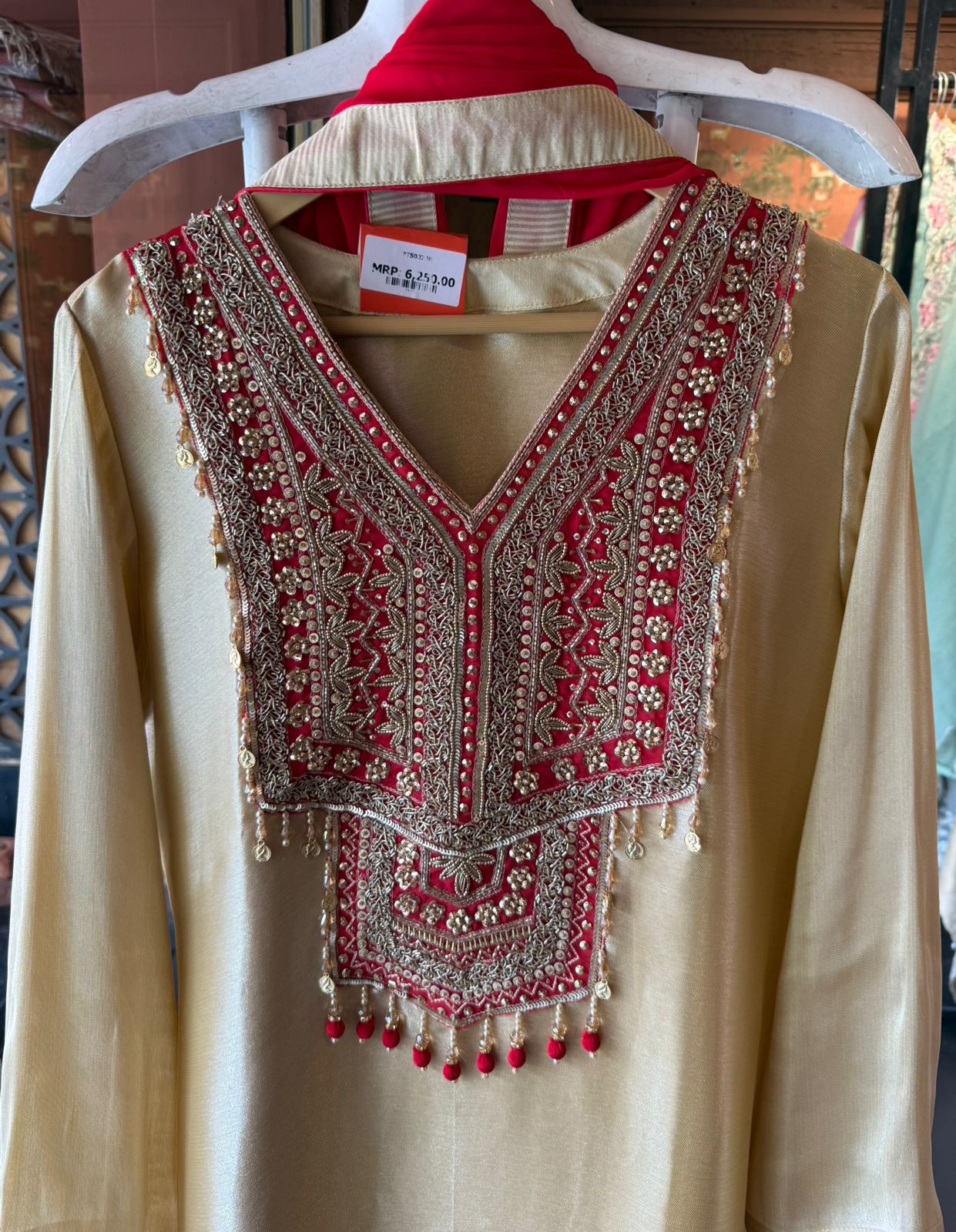 Champagne & Crimson Hand Embroidered Kurta Set