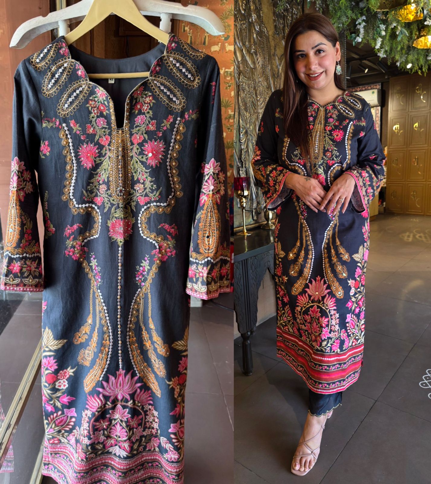Midnight Black Floral Embroidered tunic set