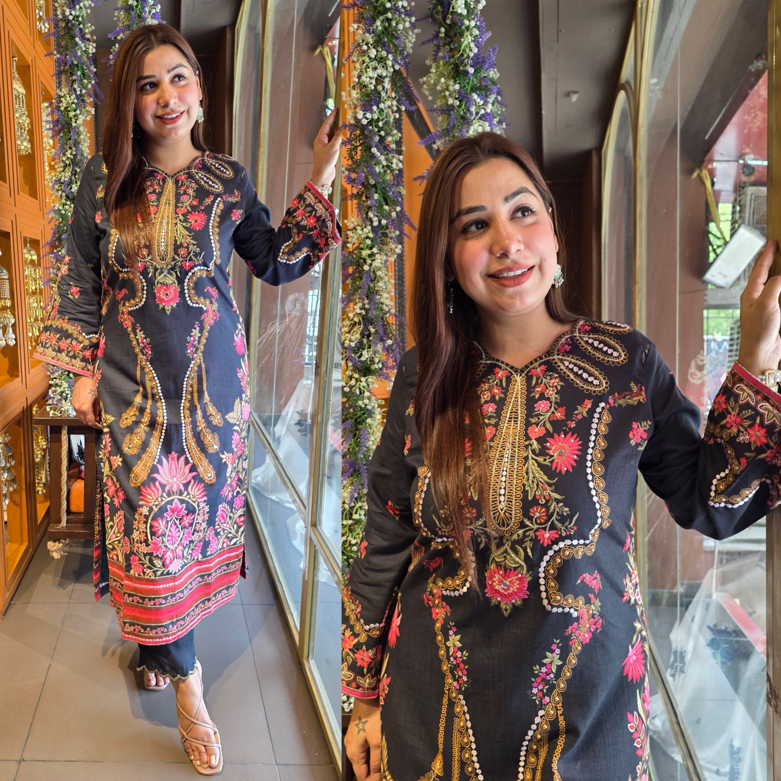 Midnight Black Floral Embroidered tunic set