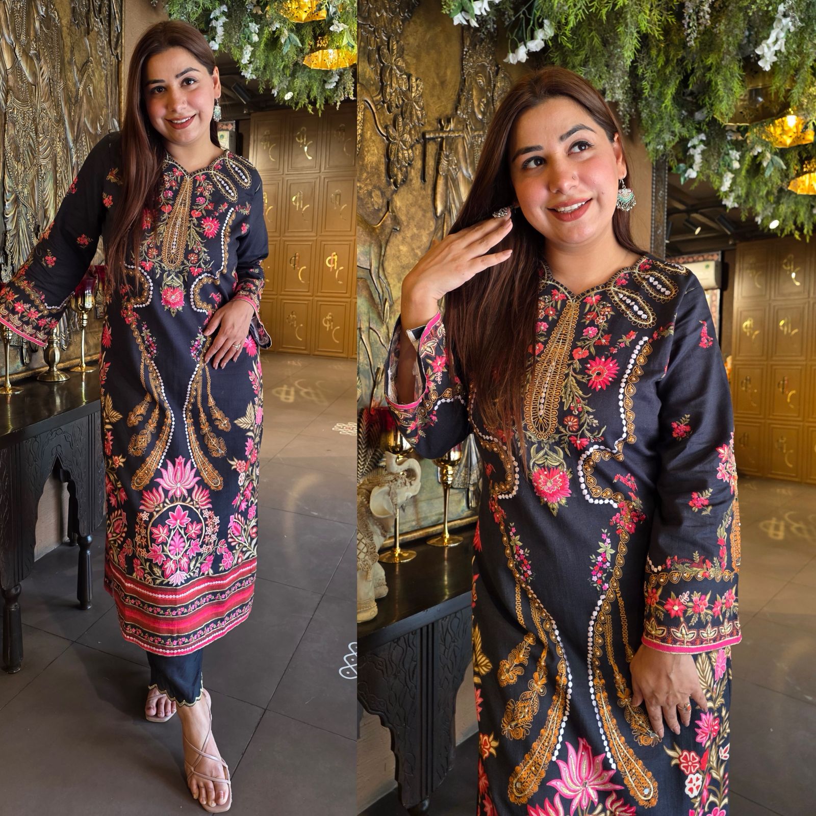 Midnight Black Floral Embroidered tunic set