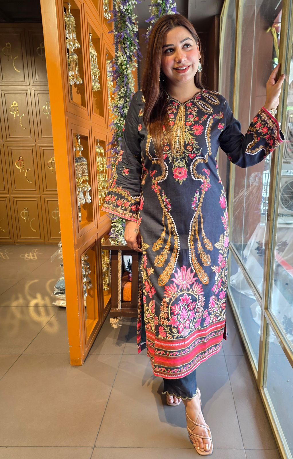 Midnight Black Floral Embroidered tunic set