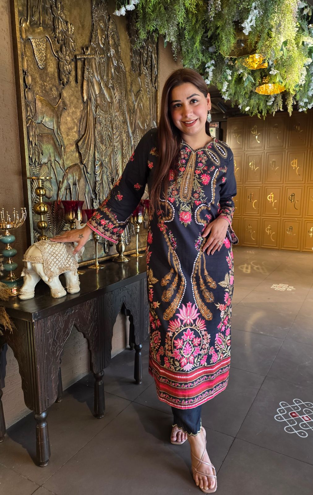 Midnight Black Floral Embroidered tunic set
