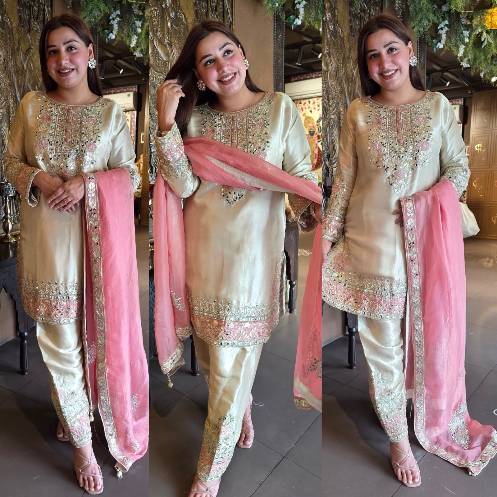 Champagne & Blush Pink Mirror Work Suit Set