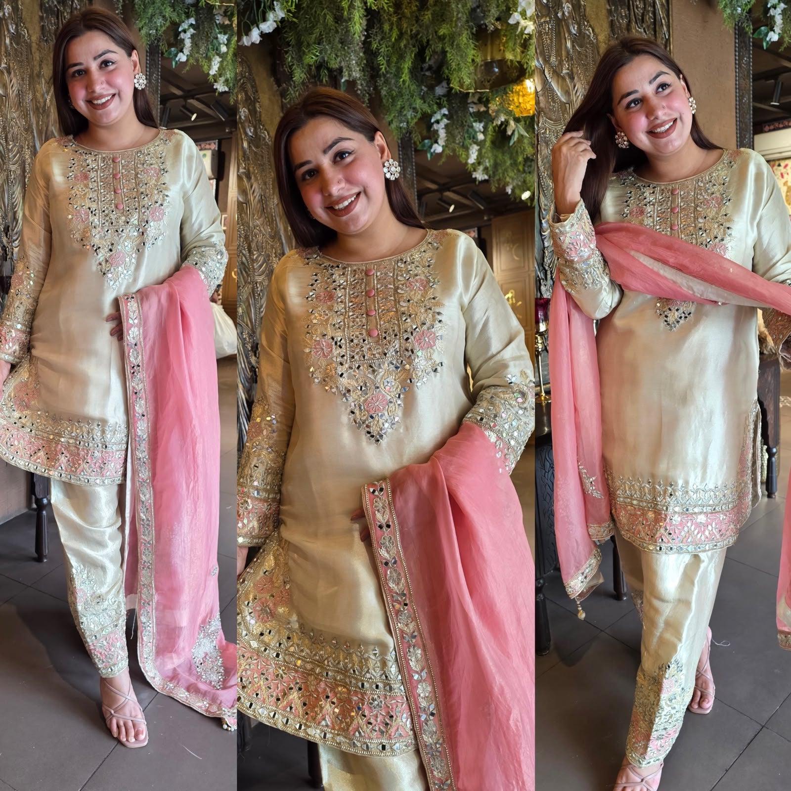 Champagne & Blush Pink Mirror Work Suit Set