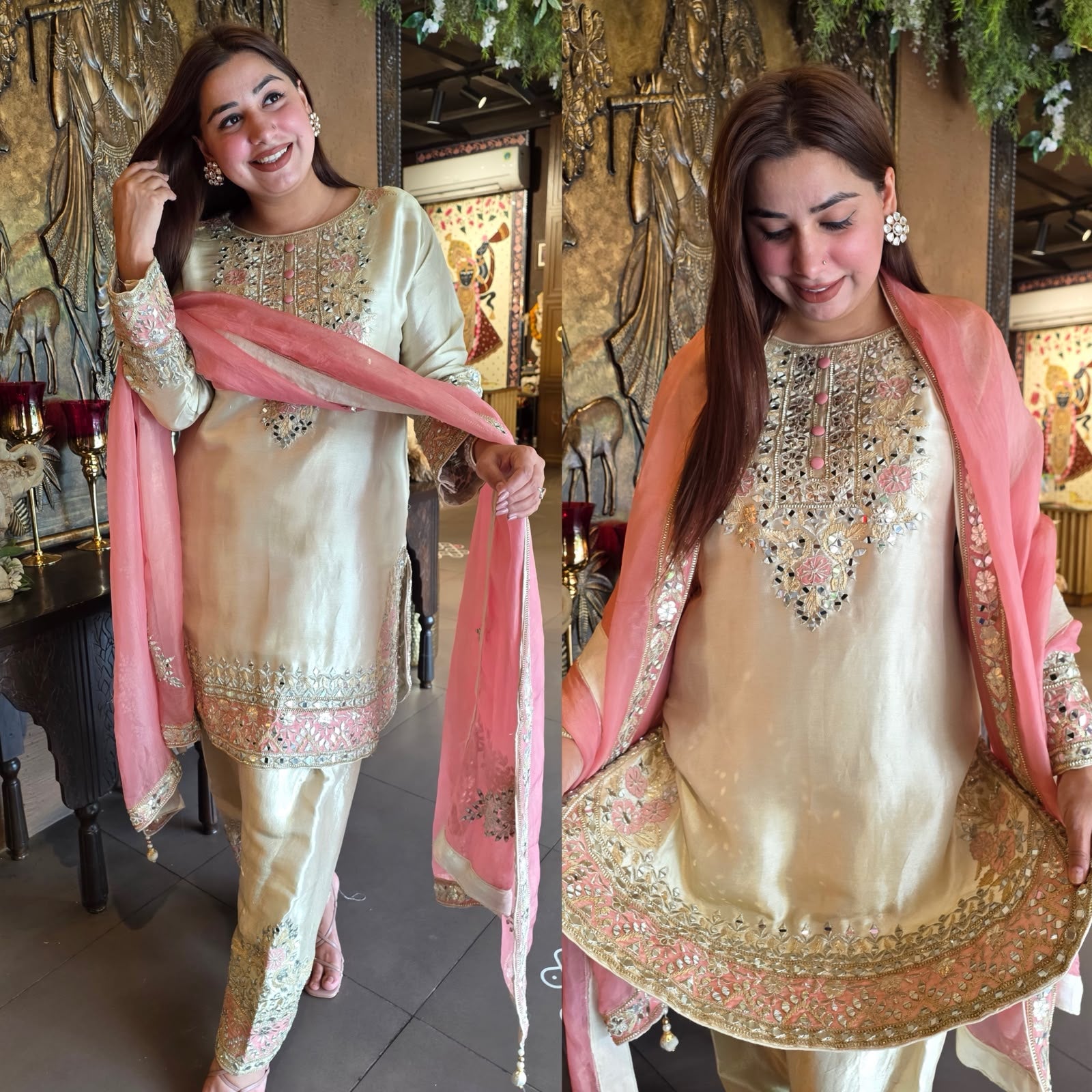 Champagne & Blush Pink Mirror Work Suit Set