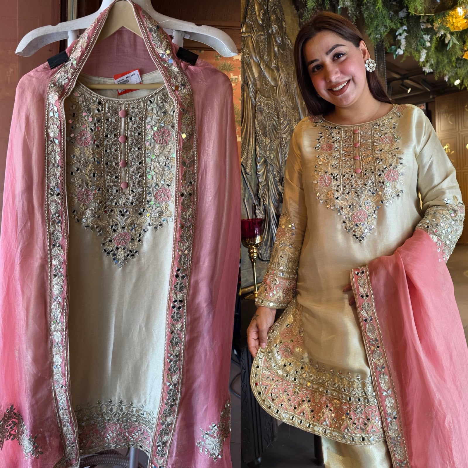 Champagne & Blush Pink Mirror Work Suit Set
