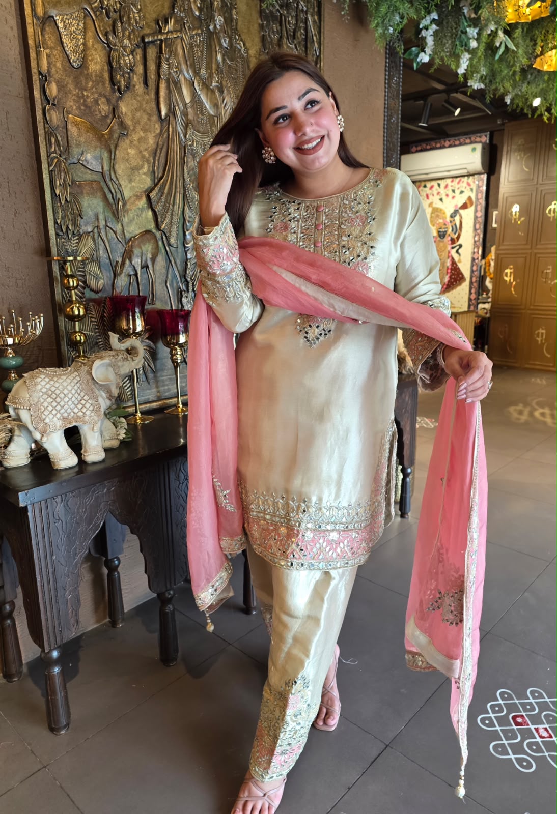 Champagne & Blush Pink Mirror Work Suit Set