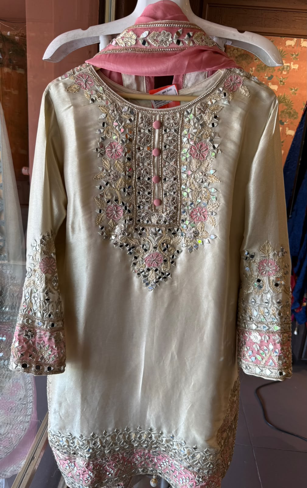 Champagne & Blush Pink Mirror Work Suit Set