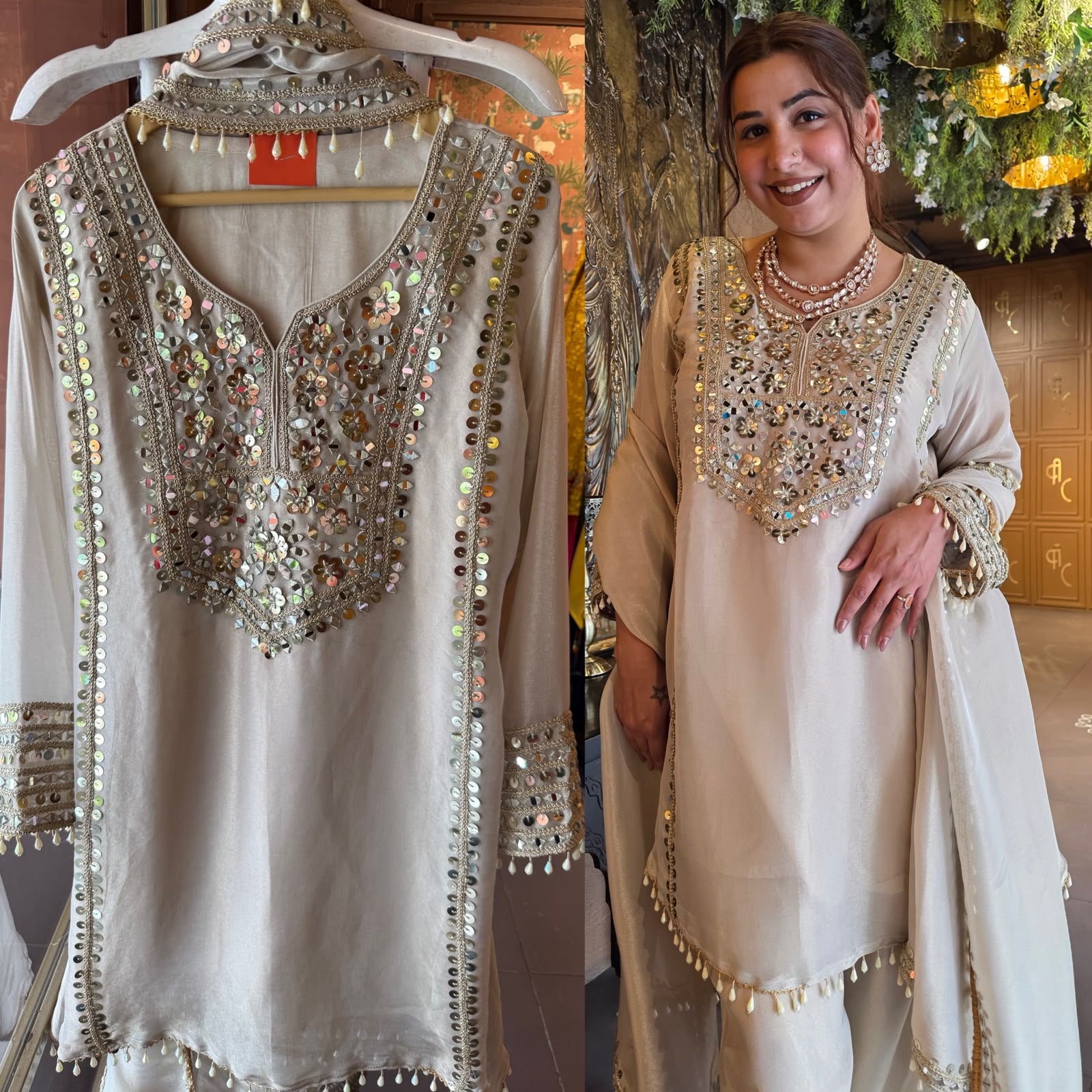 Ivory Mirror Work and Sippi Suit Set
