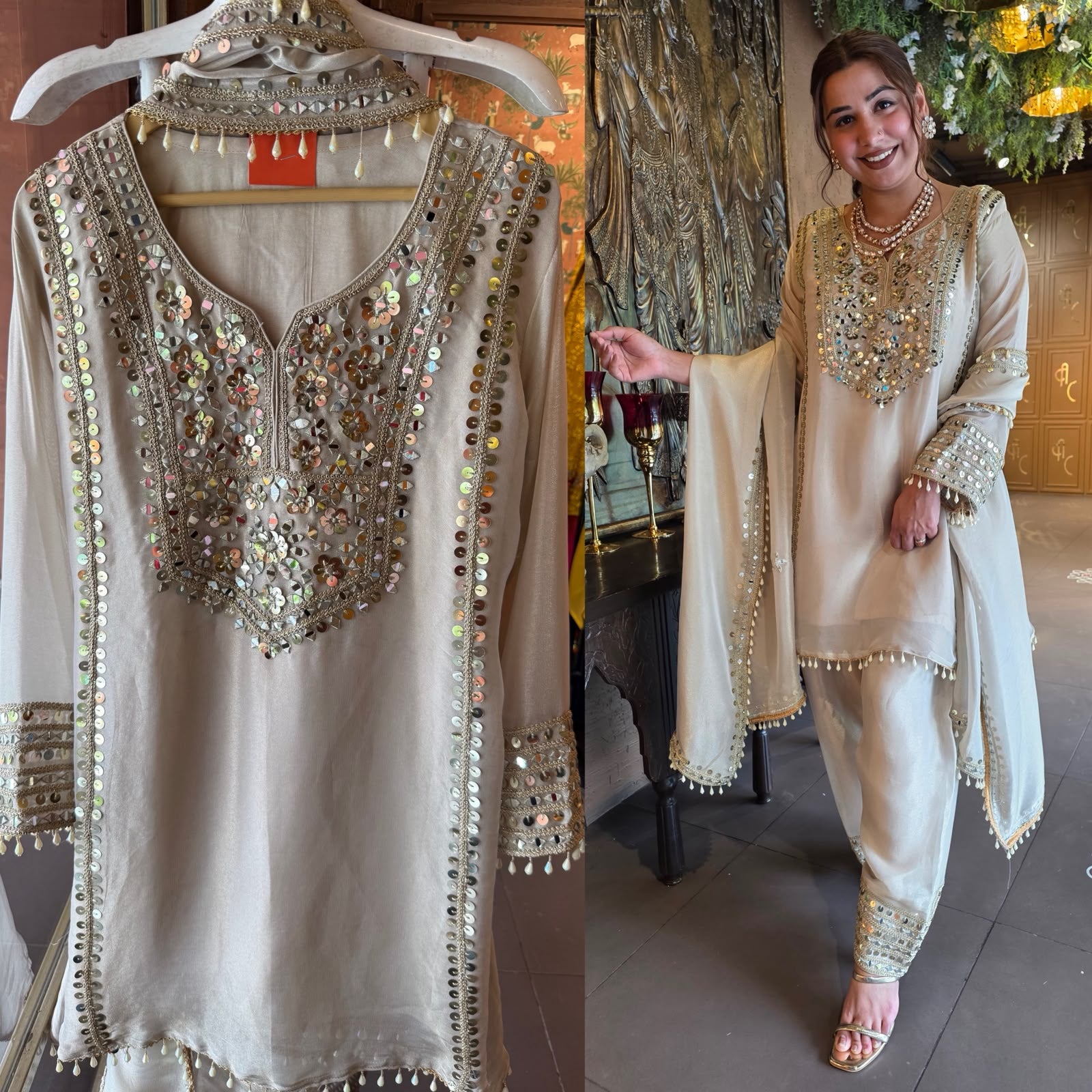 Ivory Mirror Work and Sippi Suit Set