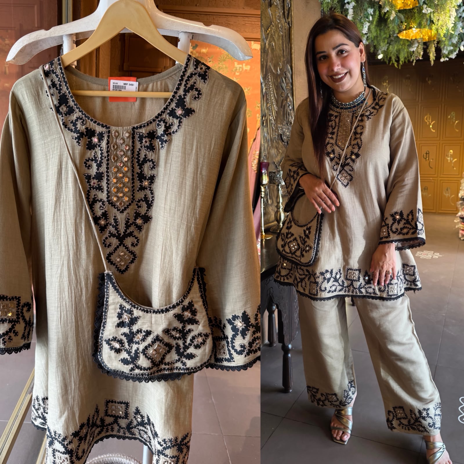 Kashmiri-Inspired Embroidered Kurta Set with Purse