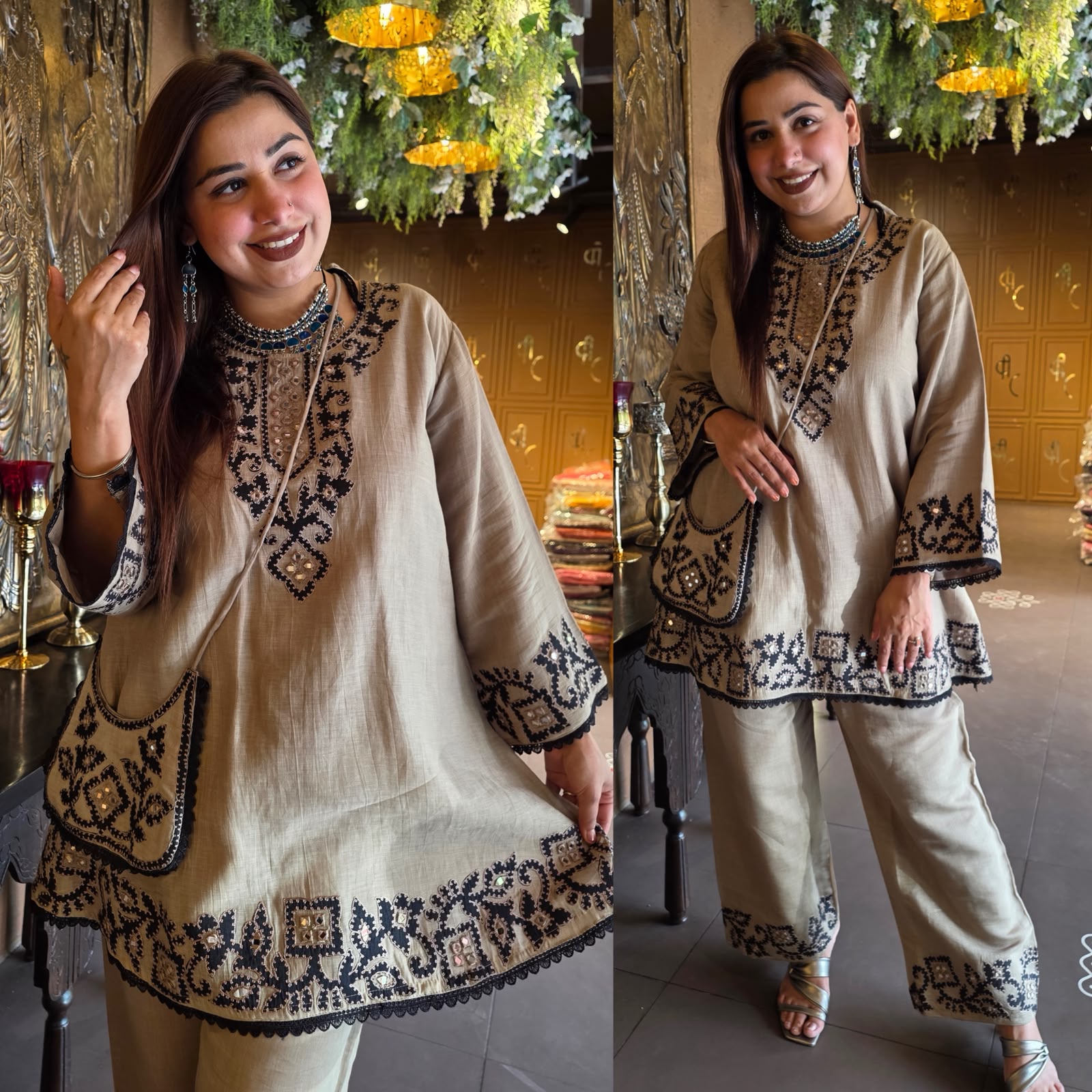 Kashmiri-Inspired Embroidered Kurta Set with Purse