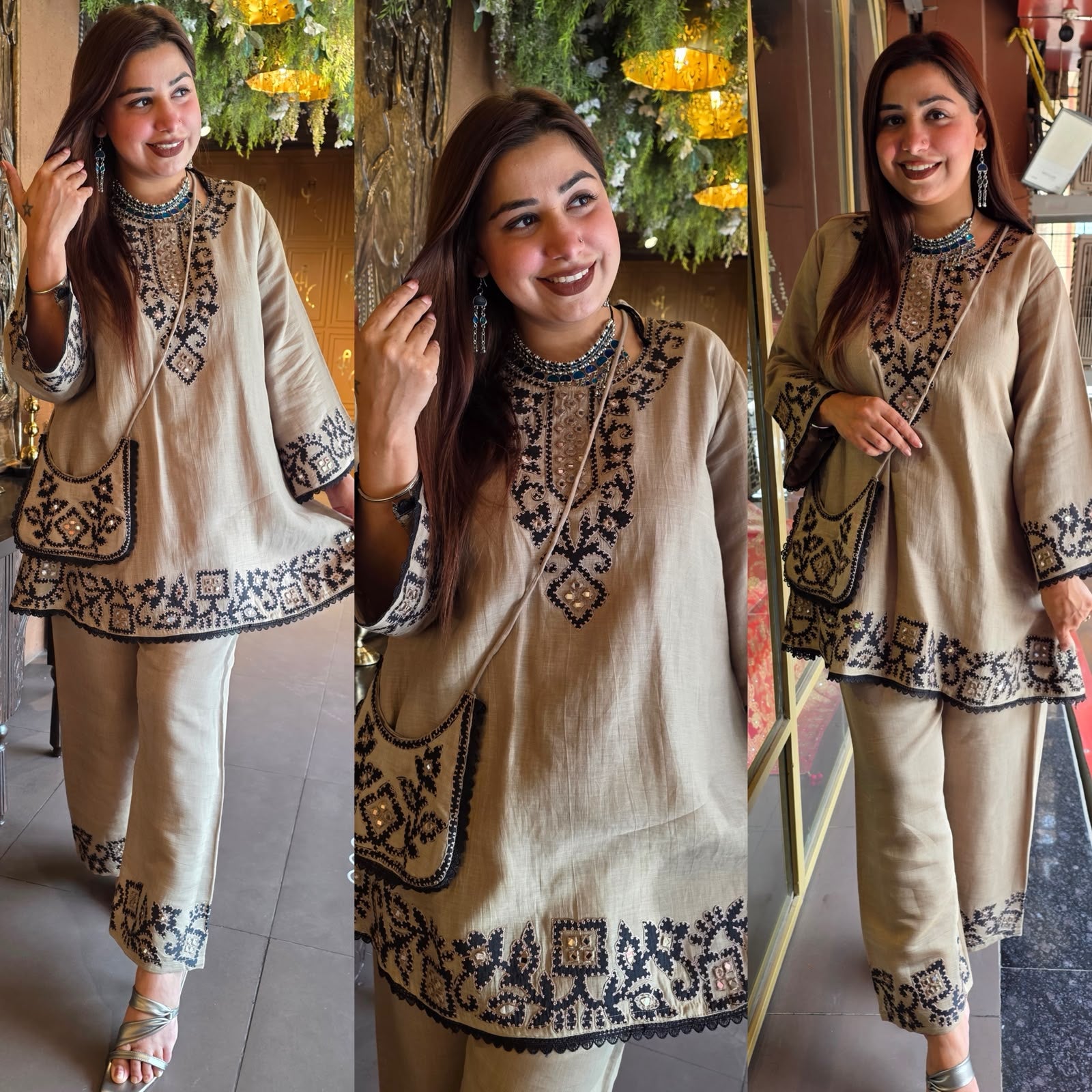 Kashmiri-Inspired Embroidered Kurta Set with Purse