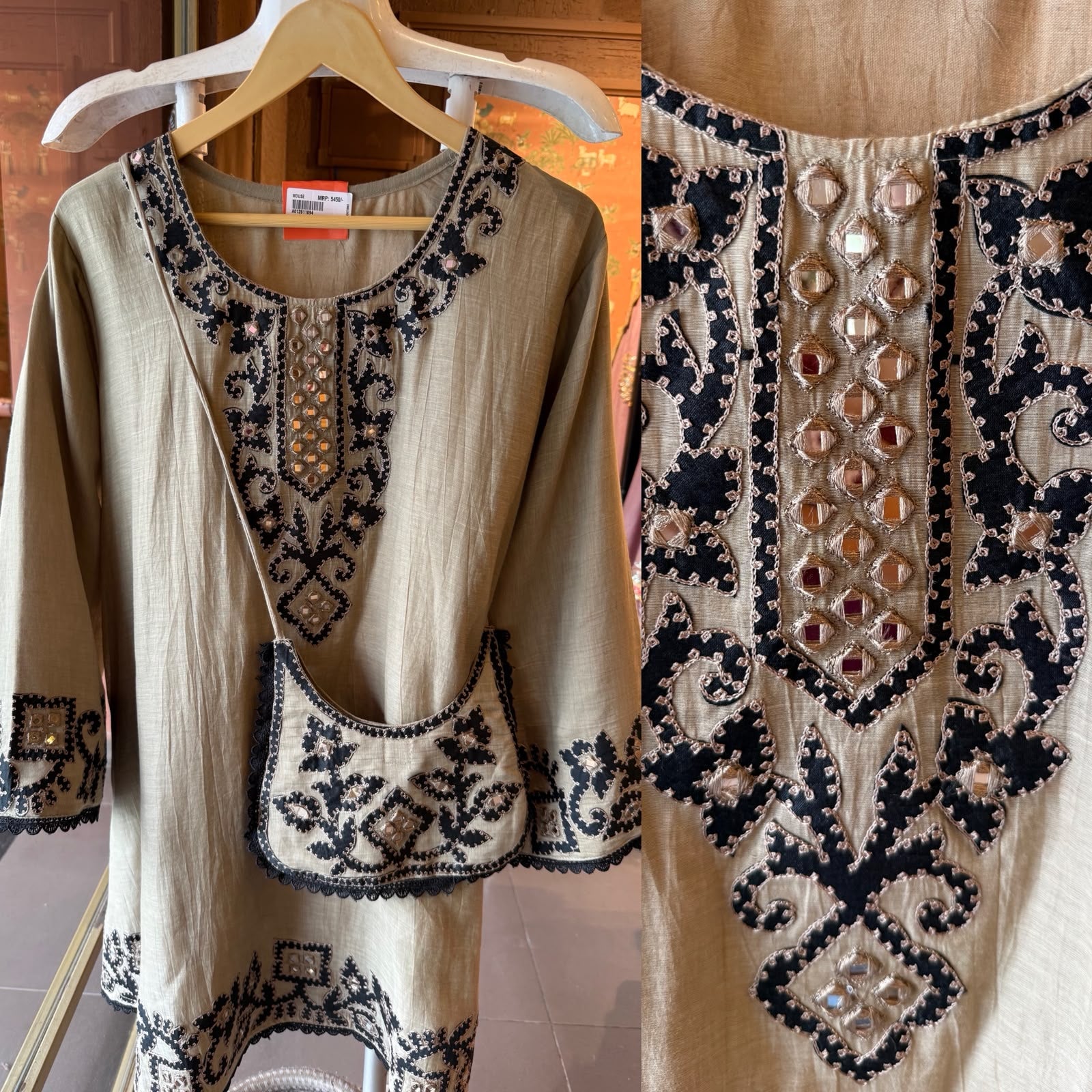 Kashmiri-Inspired Embroidered Kurta Set with Purse
