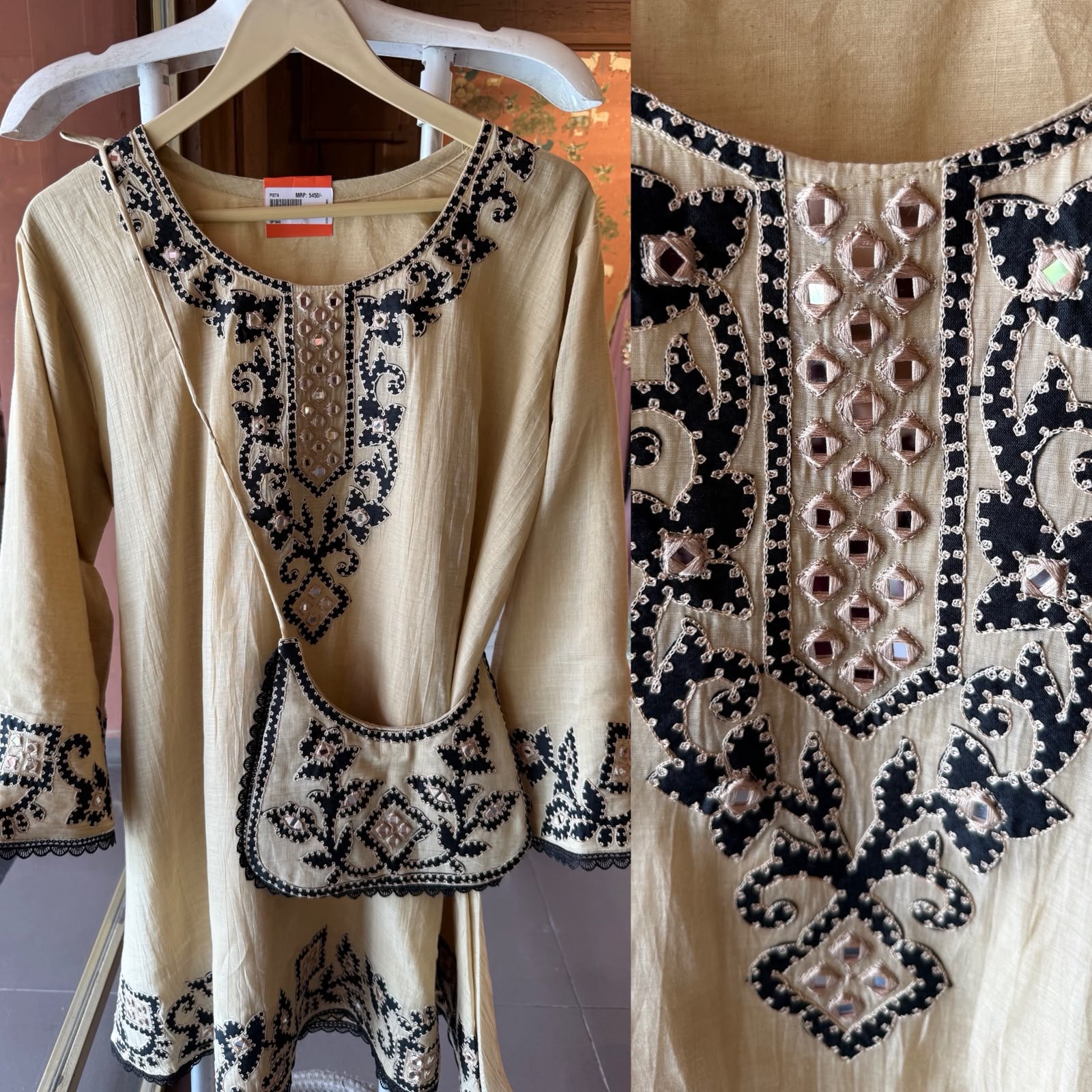 Kashmiri-Inspired Embroidered Kurta Set with Purse