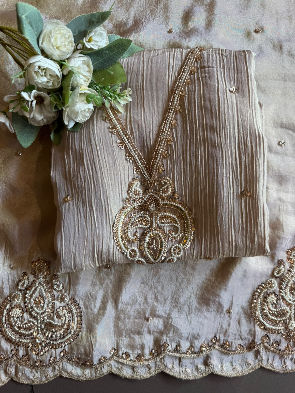 Beautiful pastel Crushed tissue Hand-Embroidered Luxury Suit