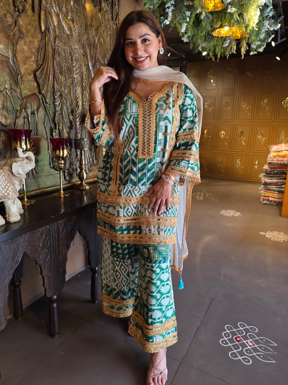 Emerald Green Printed Cotton Suit Set