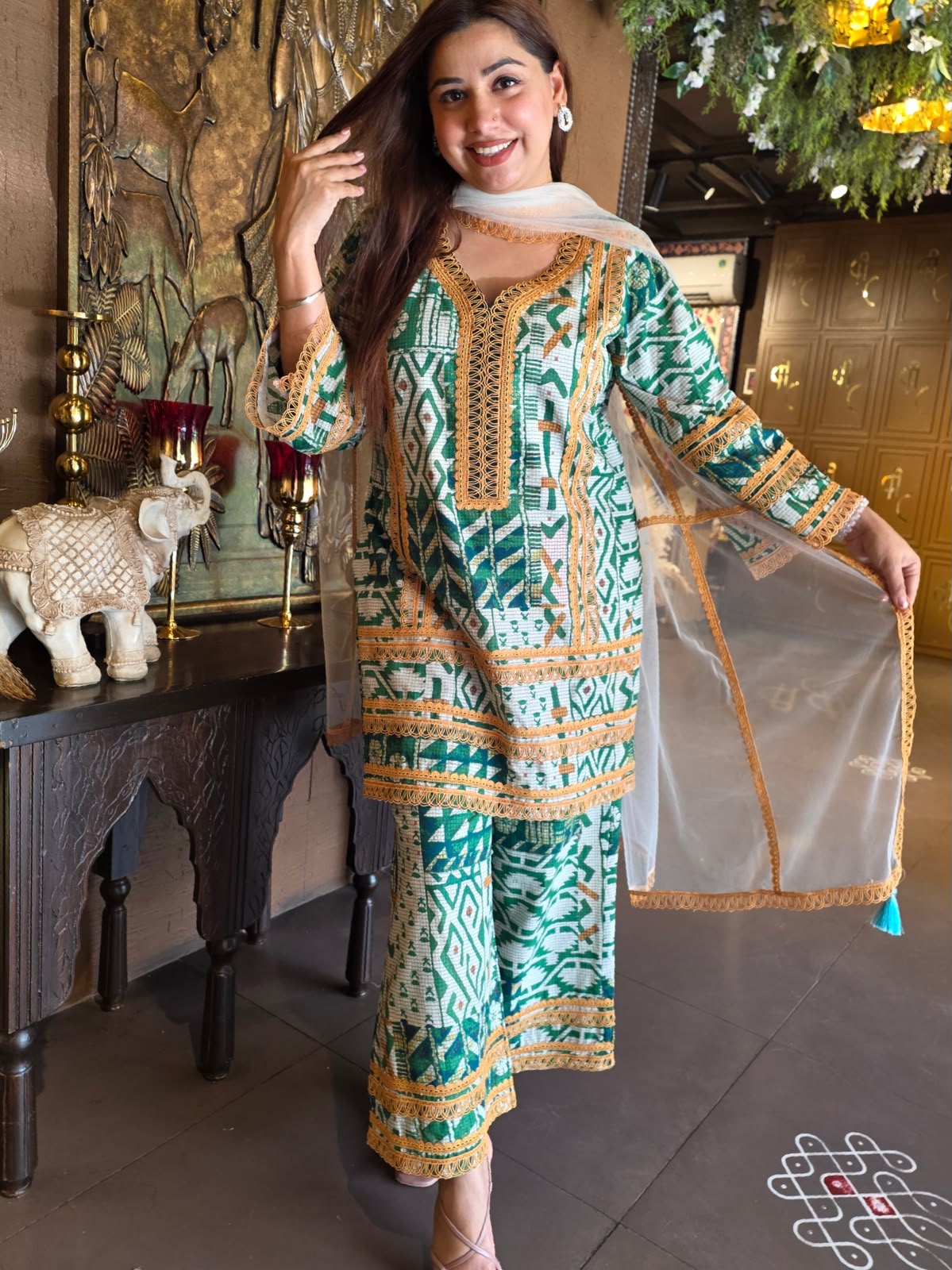 Emerald Green Printed Cotton Suit Set
