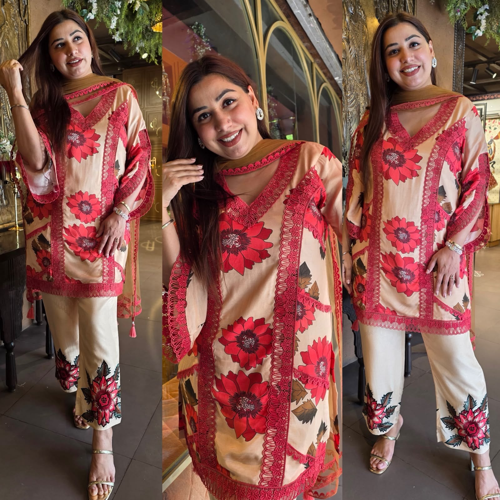 Floral Lace Printed 3-Piece Suit Set