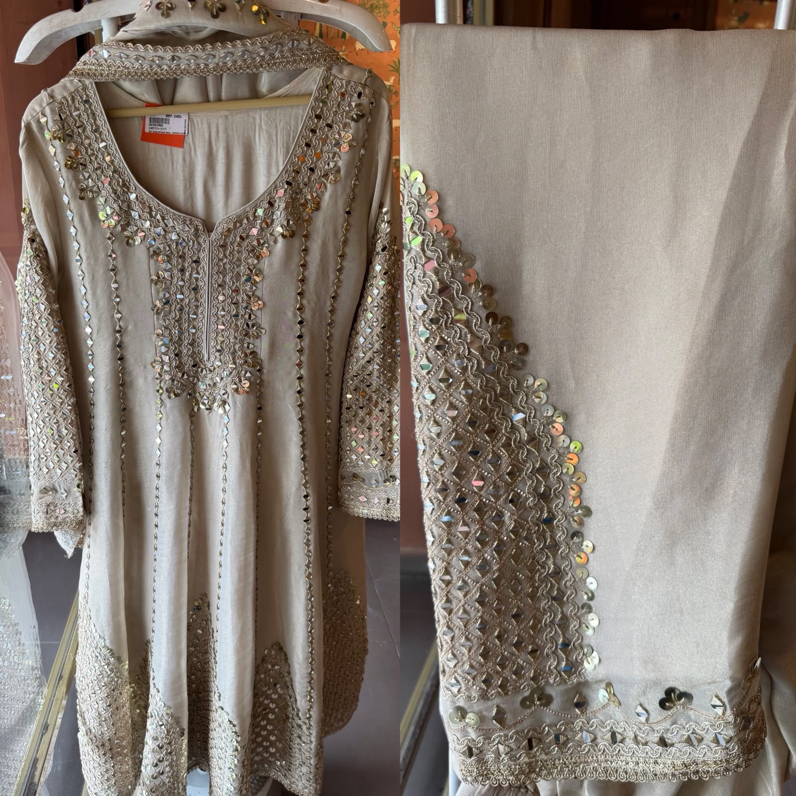 Ivory Mirror Work Anarkali Suit set