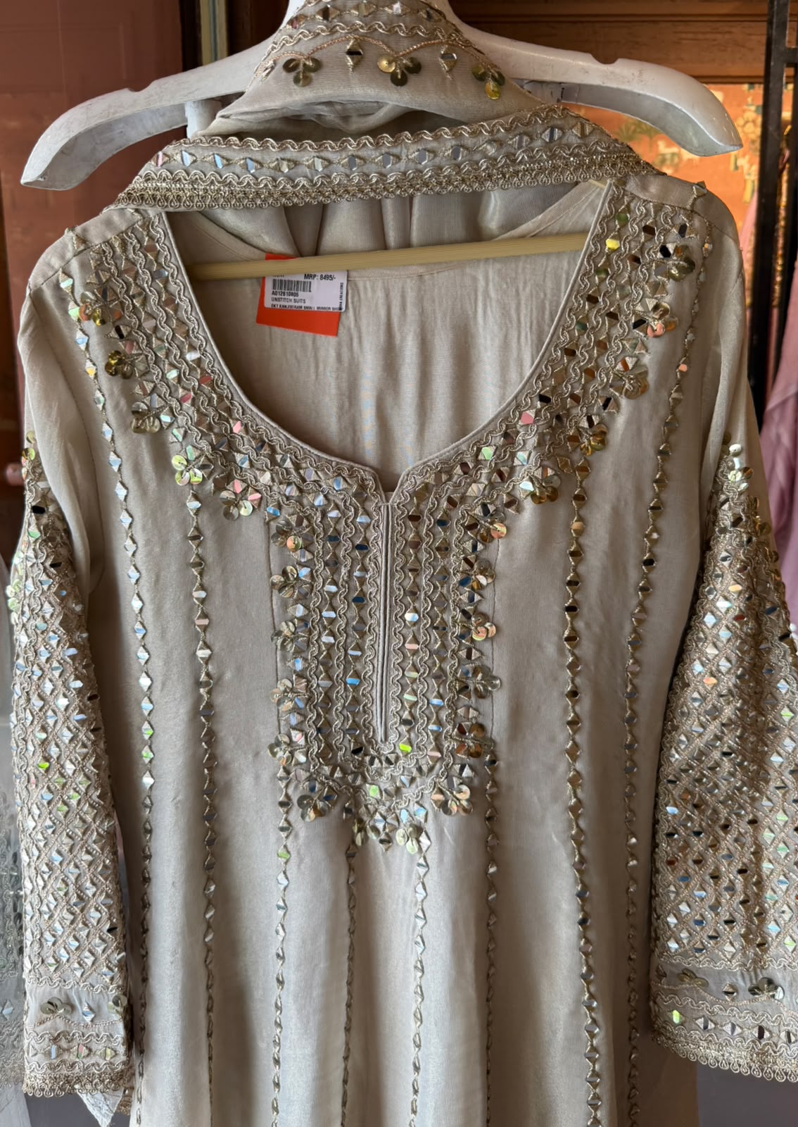 Ivory Mirror Work Anarkali Suit set