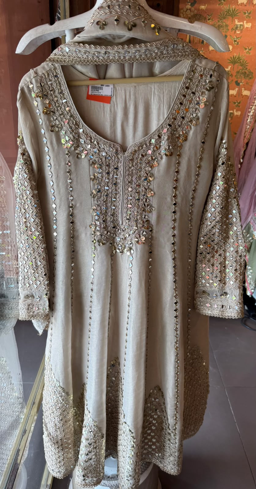 Ivory Mirror Work Anarkali Suit set