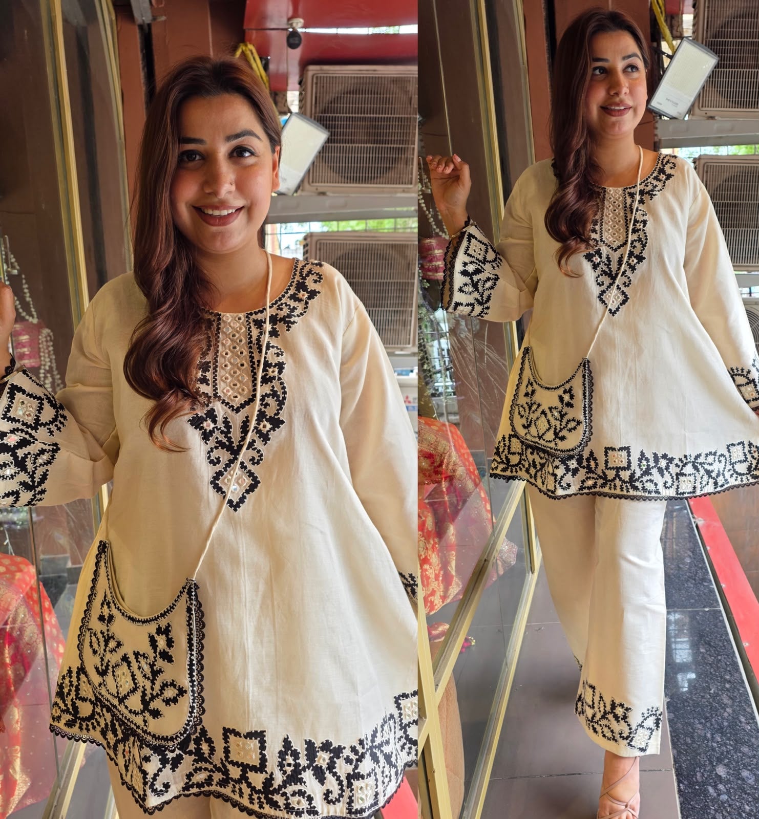 Kashmiri-Inspired Embroidered Kurta Set with Purse