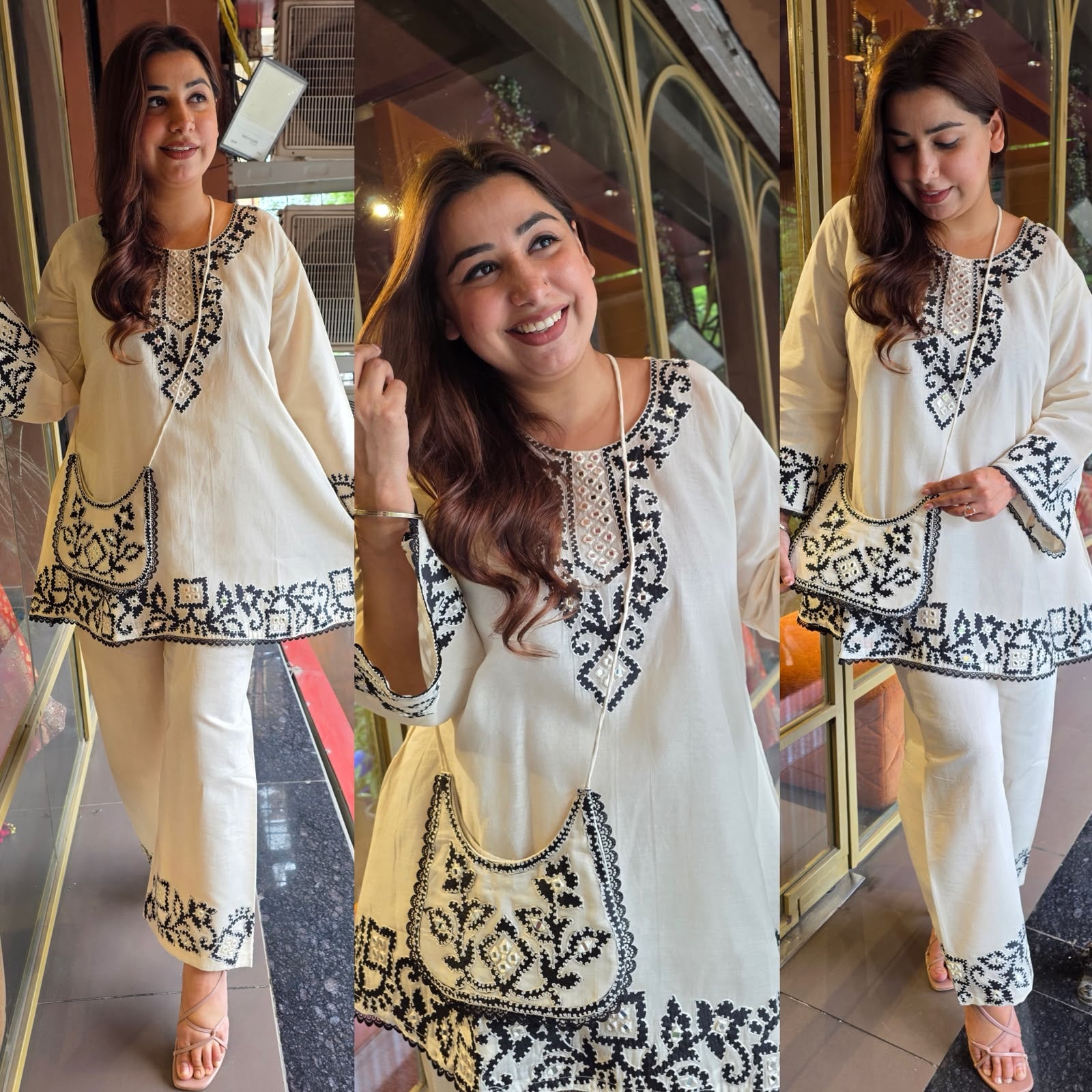 Kashmiri-Inspired Embroidered Kurta Set with Purse
