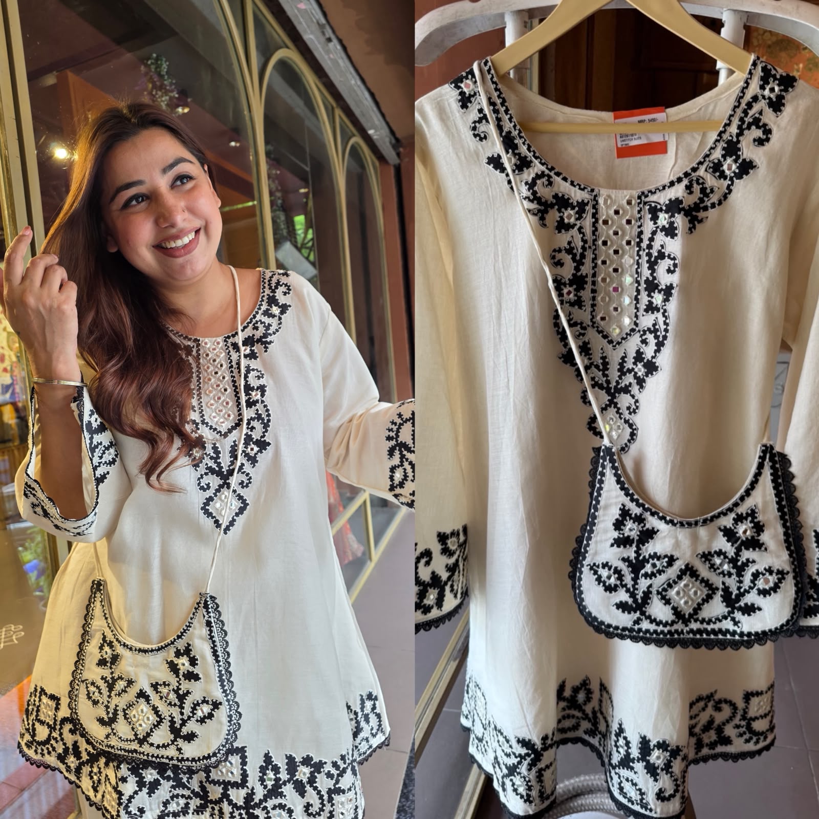 Kashmiri-Inspired Embroidered Kurta Set with Purse