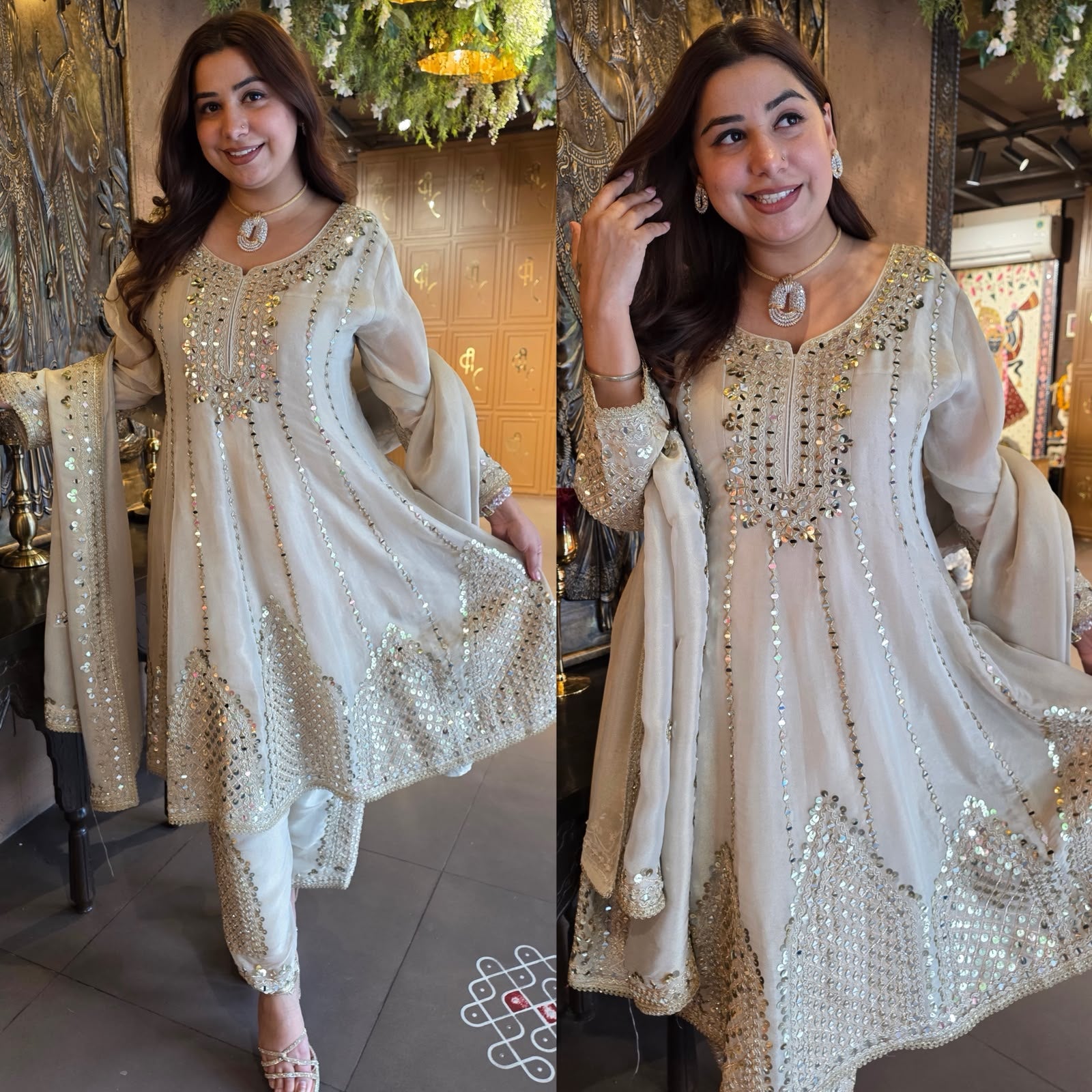 Ivory Mirror Work Anarkali Suit set