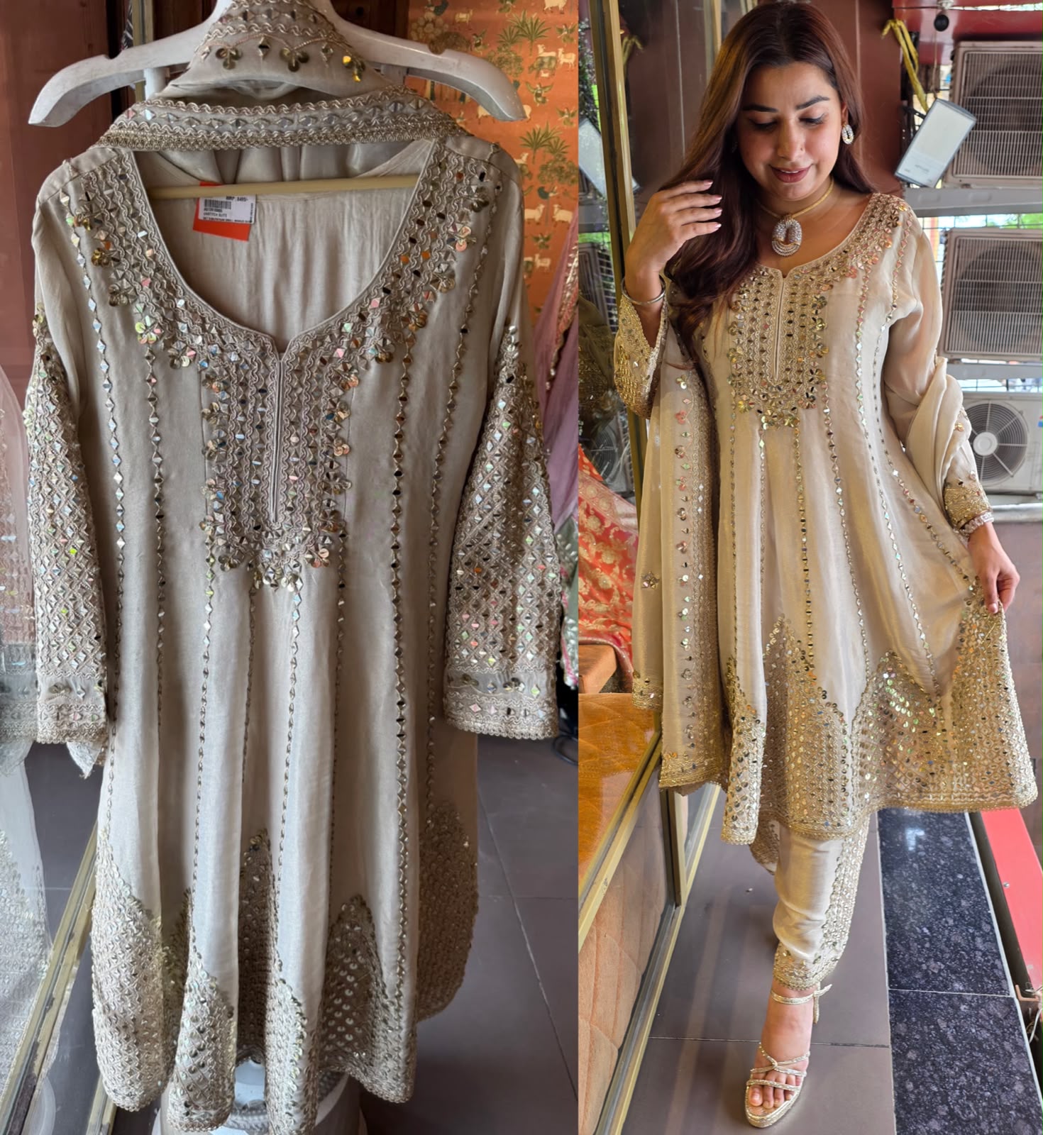 Ivory Mirror Work Anarkali Suit set