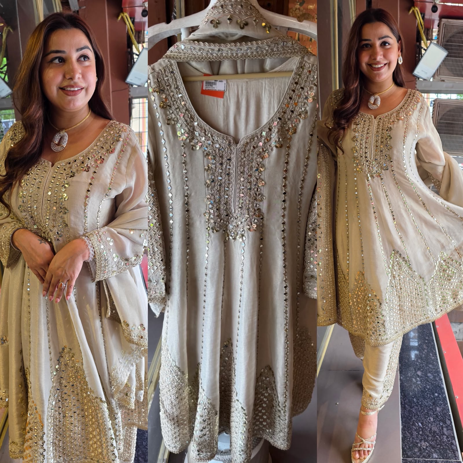 Ivory Mirror Work Anarkali Suit set