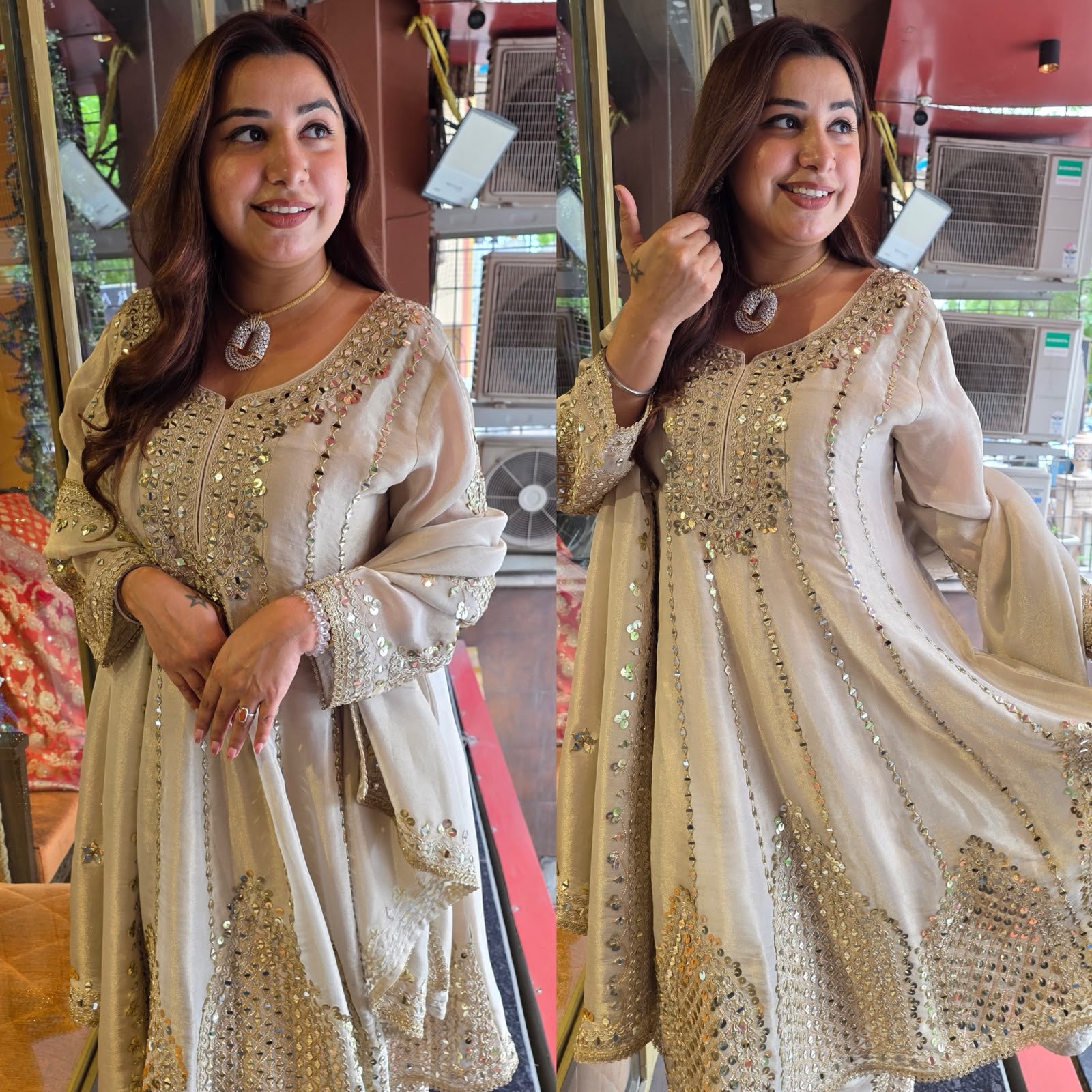 Ivory Mirror Work Anarkali Suit set