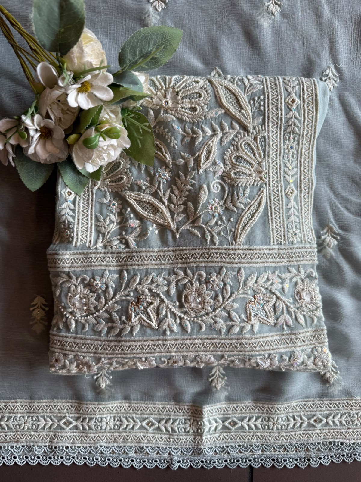 Elegant pastel Embroidered Lakhnavi Suit