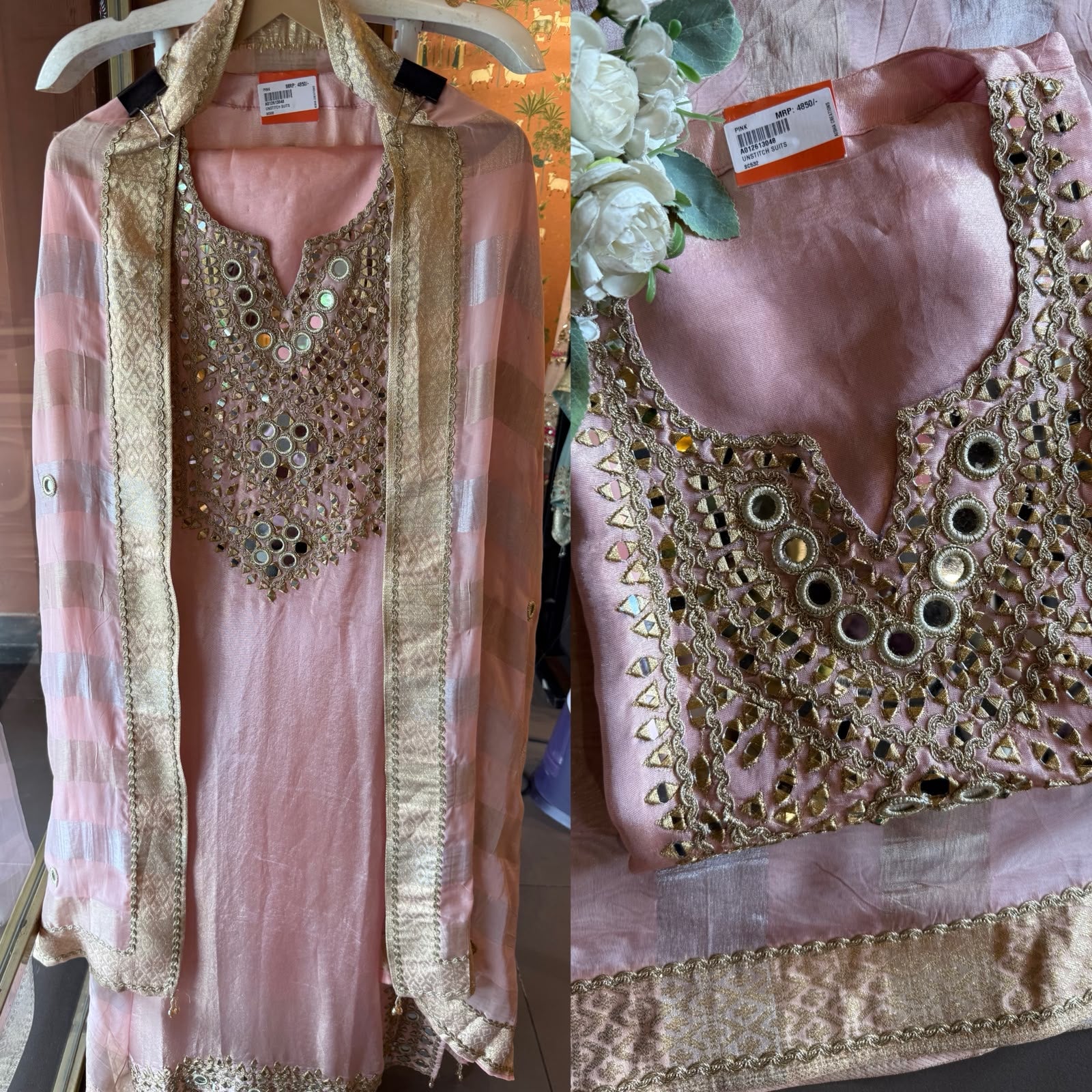 Trending Tissue Suit set with mirror work