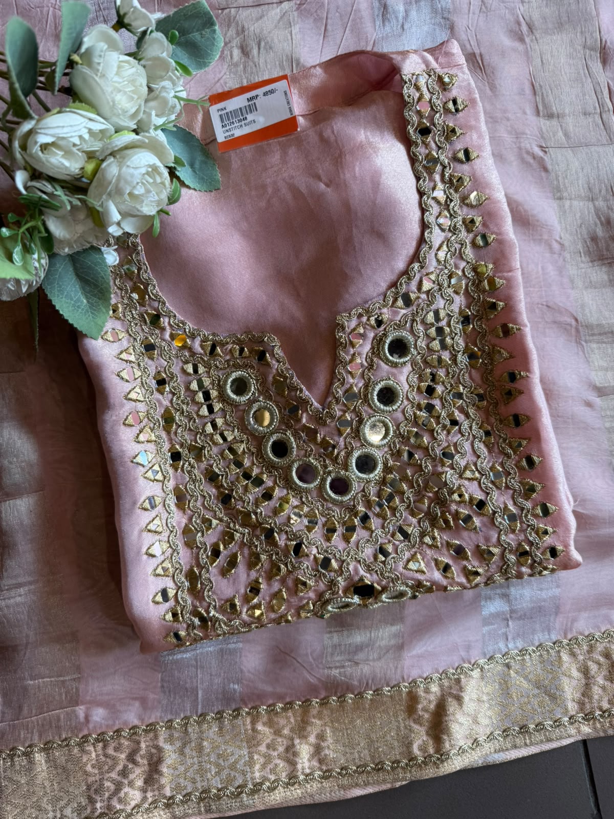 Trending Tissue Suit set with mirror work