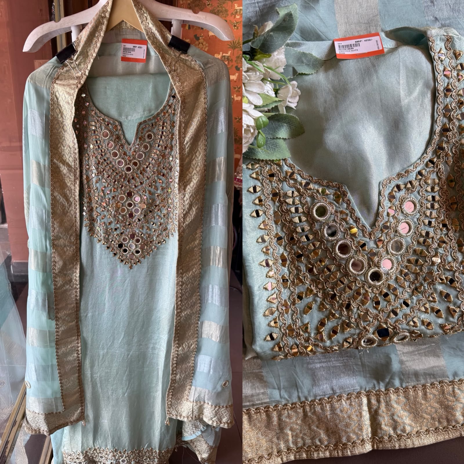 Trending Tissue Suit set with mirror work