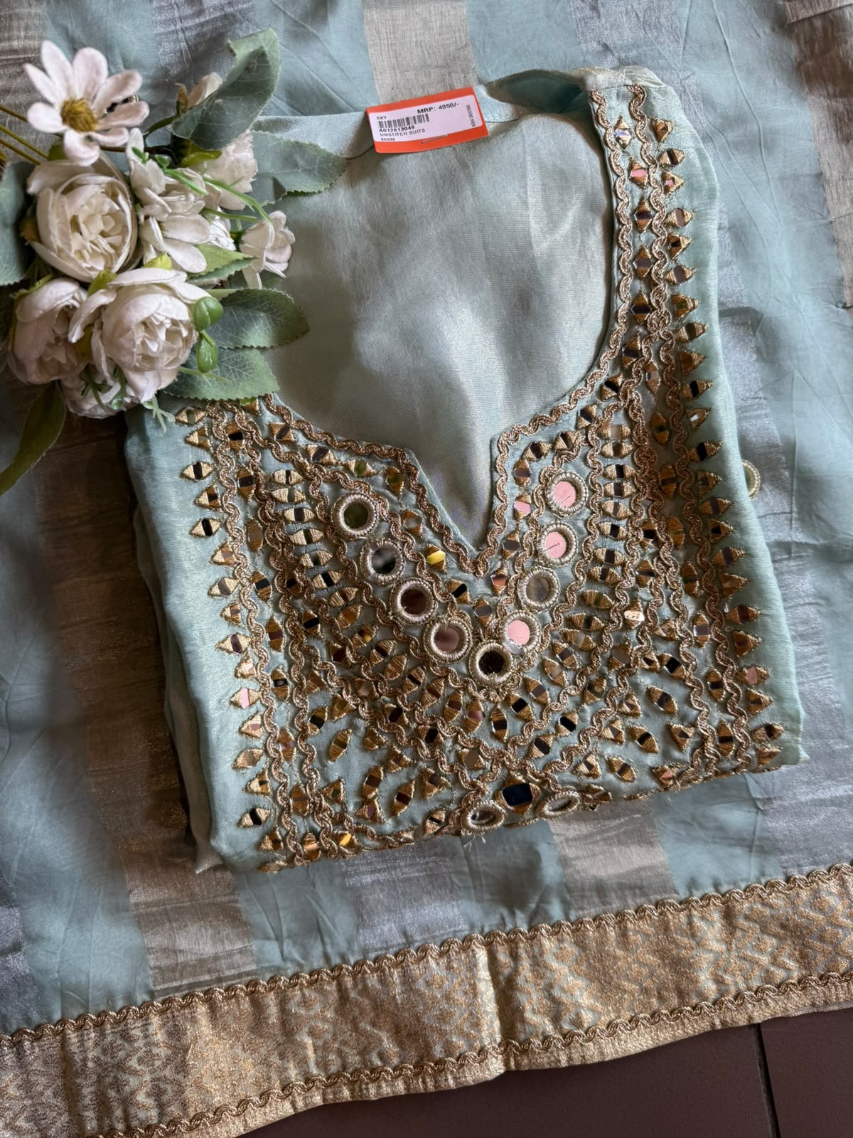 Trending Tissue Suit set with mirror work