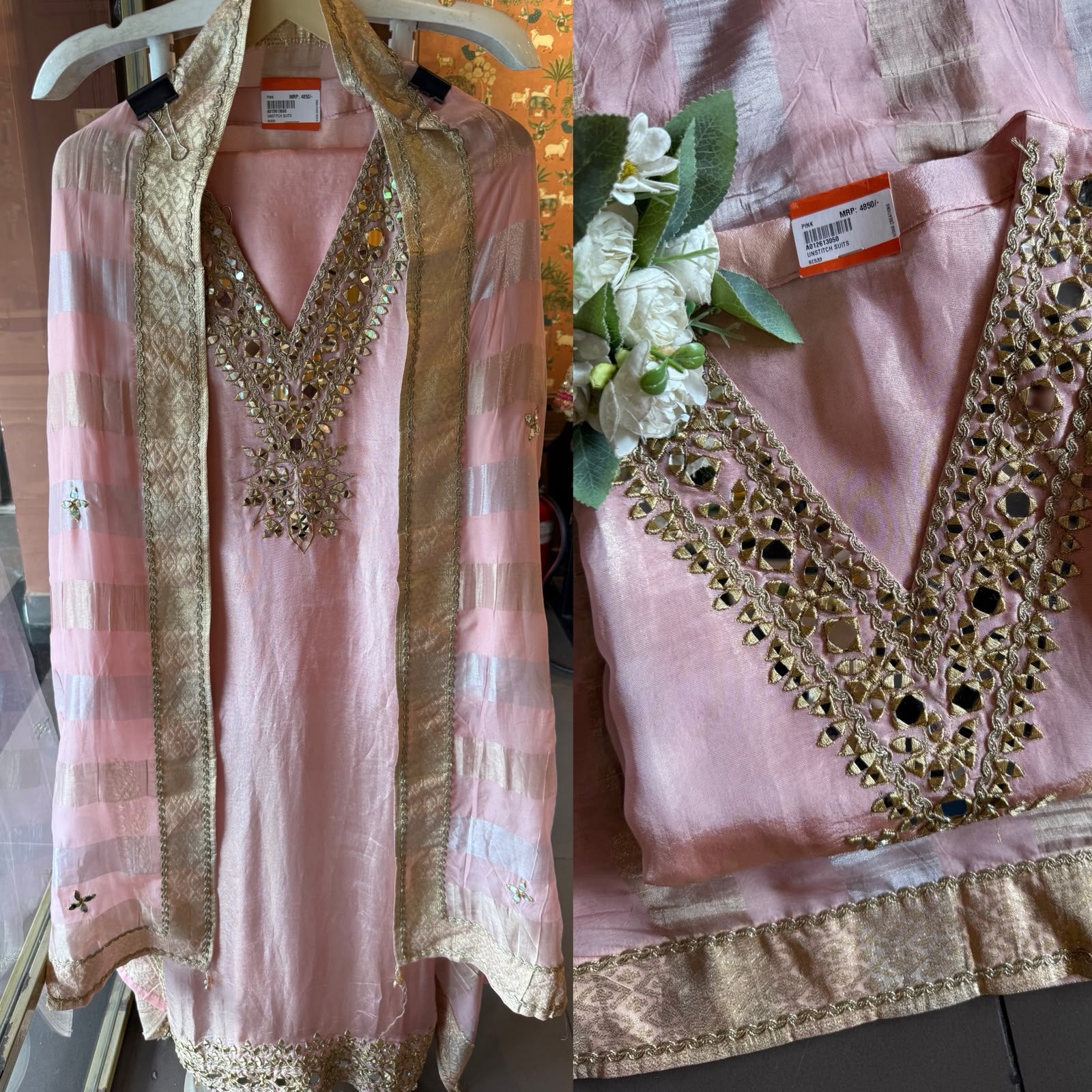 Trending Tissue Suit set with mirror work