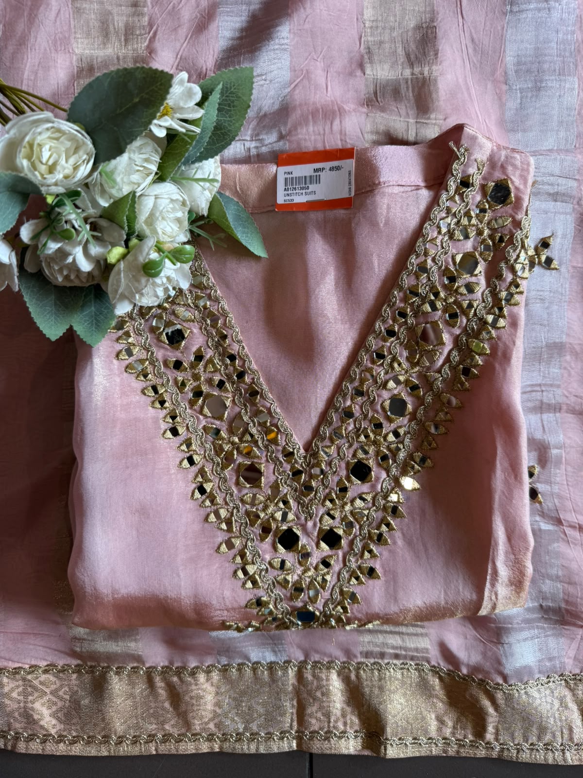 Trending Tissue Suit set with mirror work