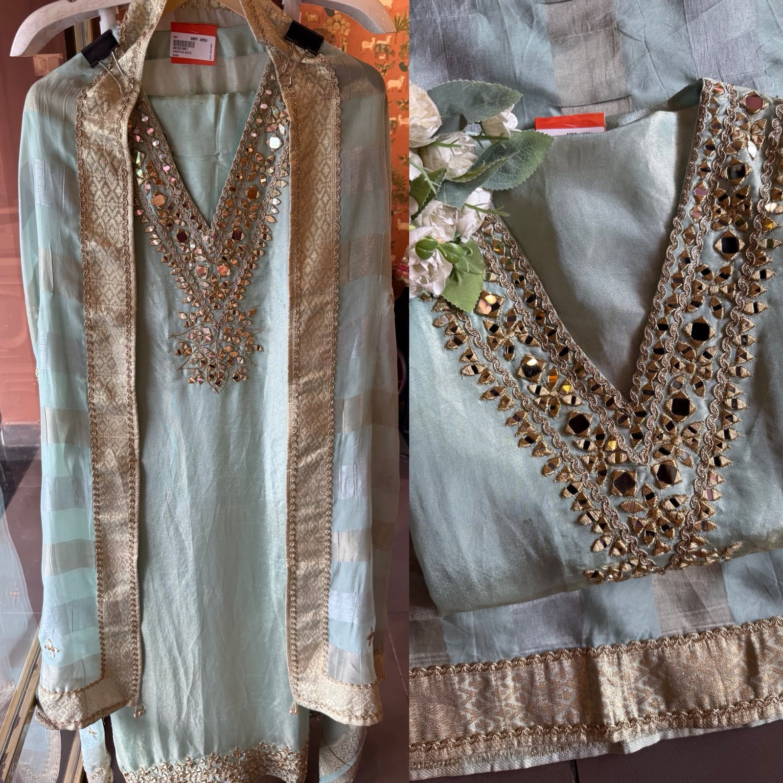 Trending Tissue Suit set with mirror work