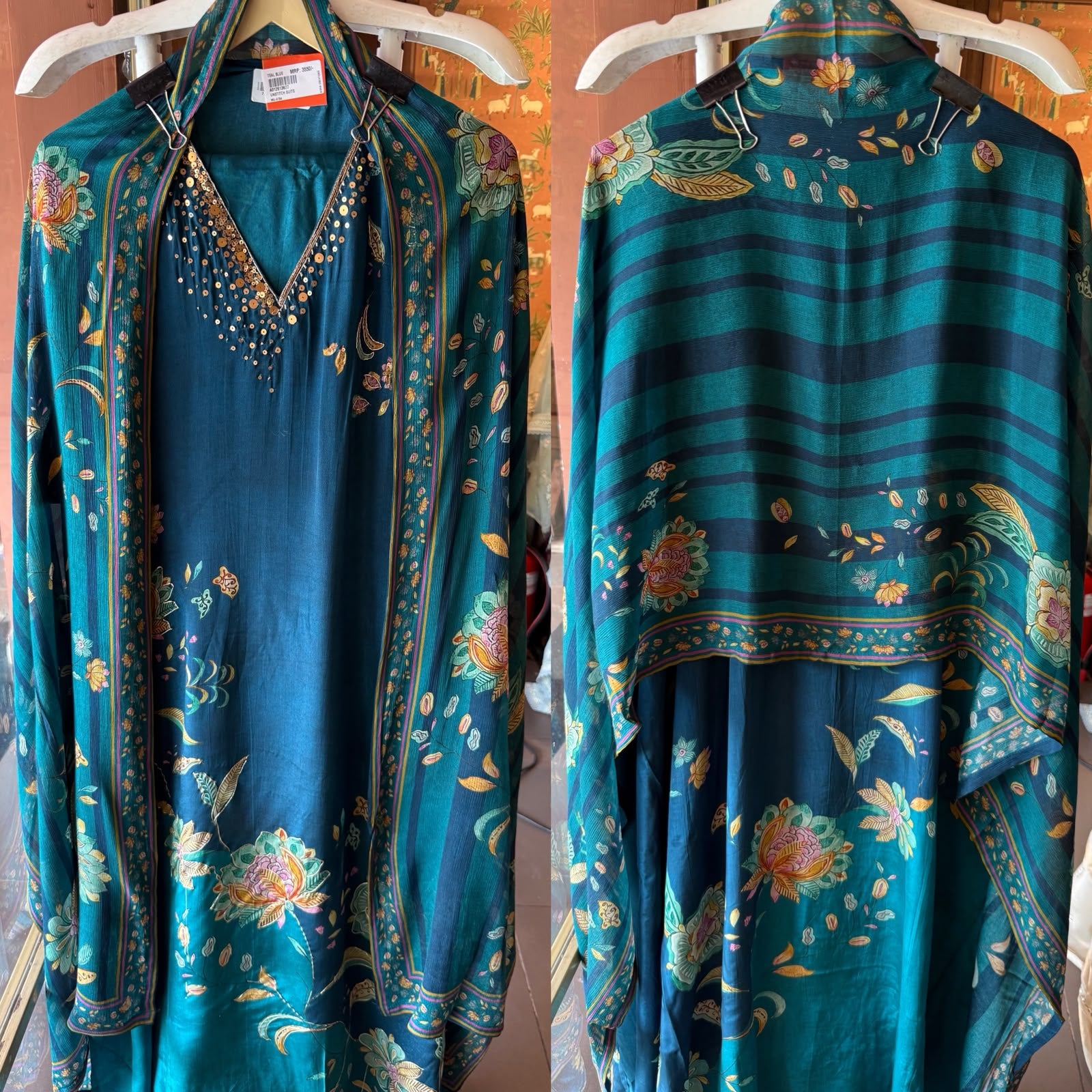 Teal Floral Printed Designer Suit