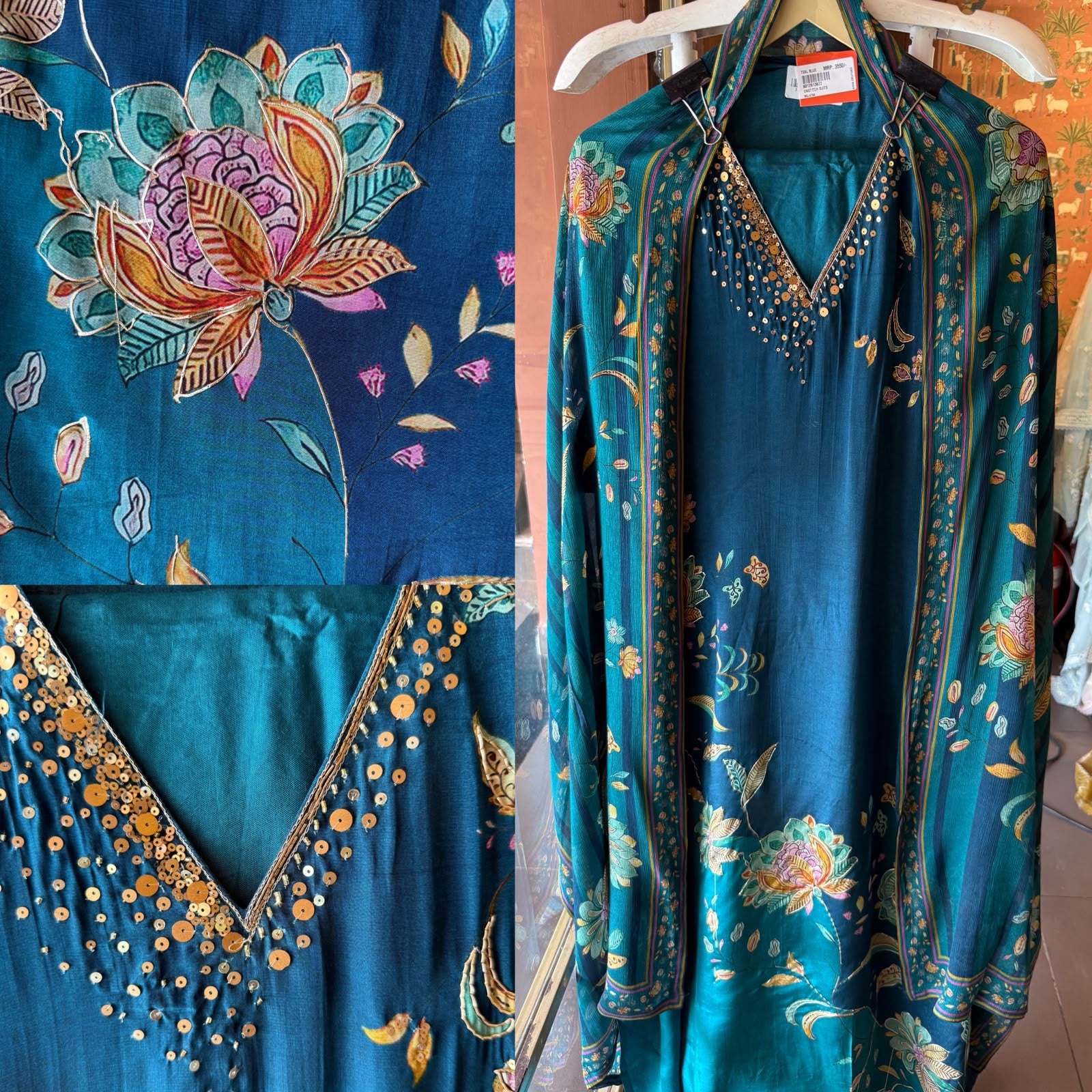 Teal Floral Printed Designer Suit