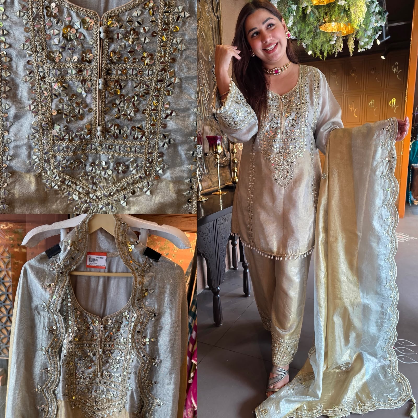 Champagne Gold Mirror Work Premium Suit Set