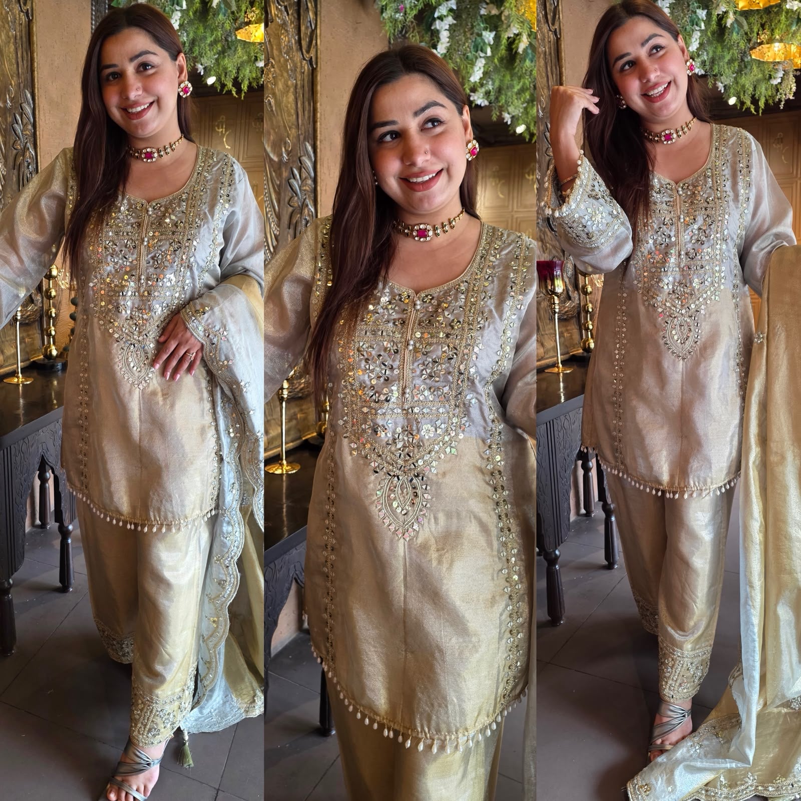 Champagne Gold Mirror Work Premium Suit Set