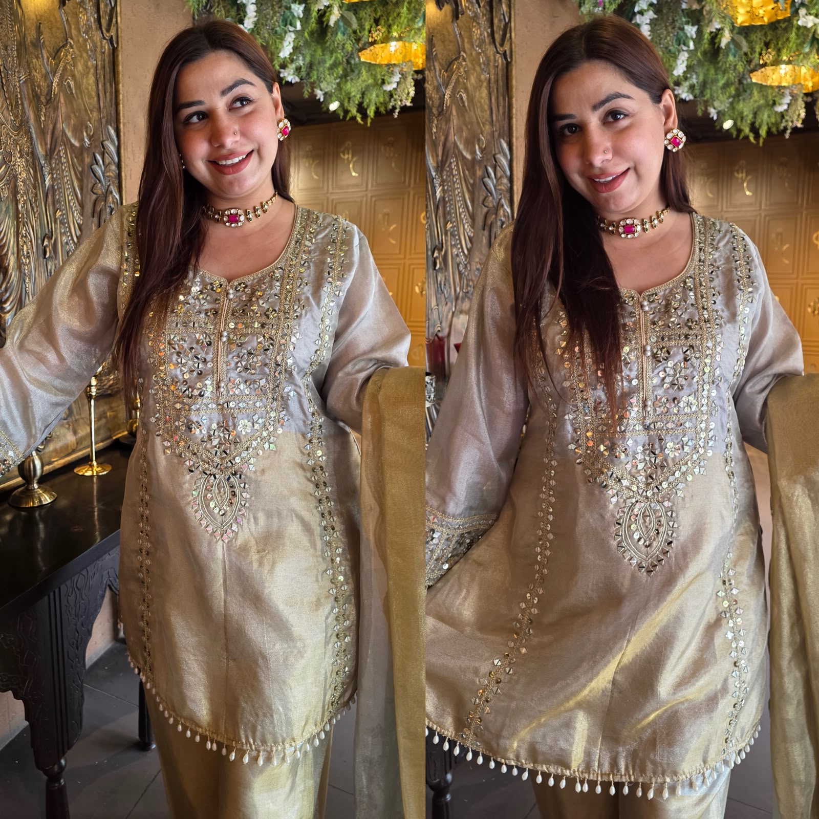 Champagne Gold Mirror Work Premium Suit Set