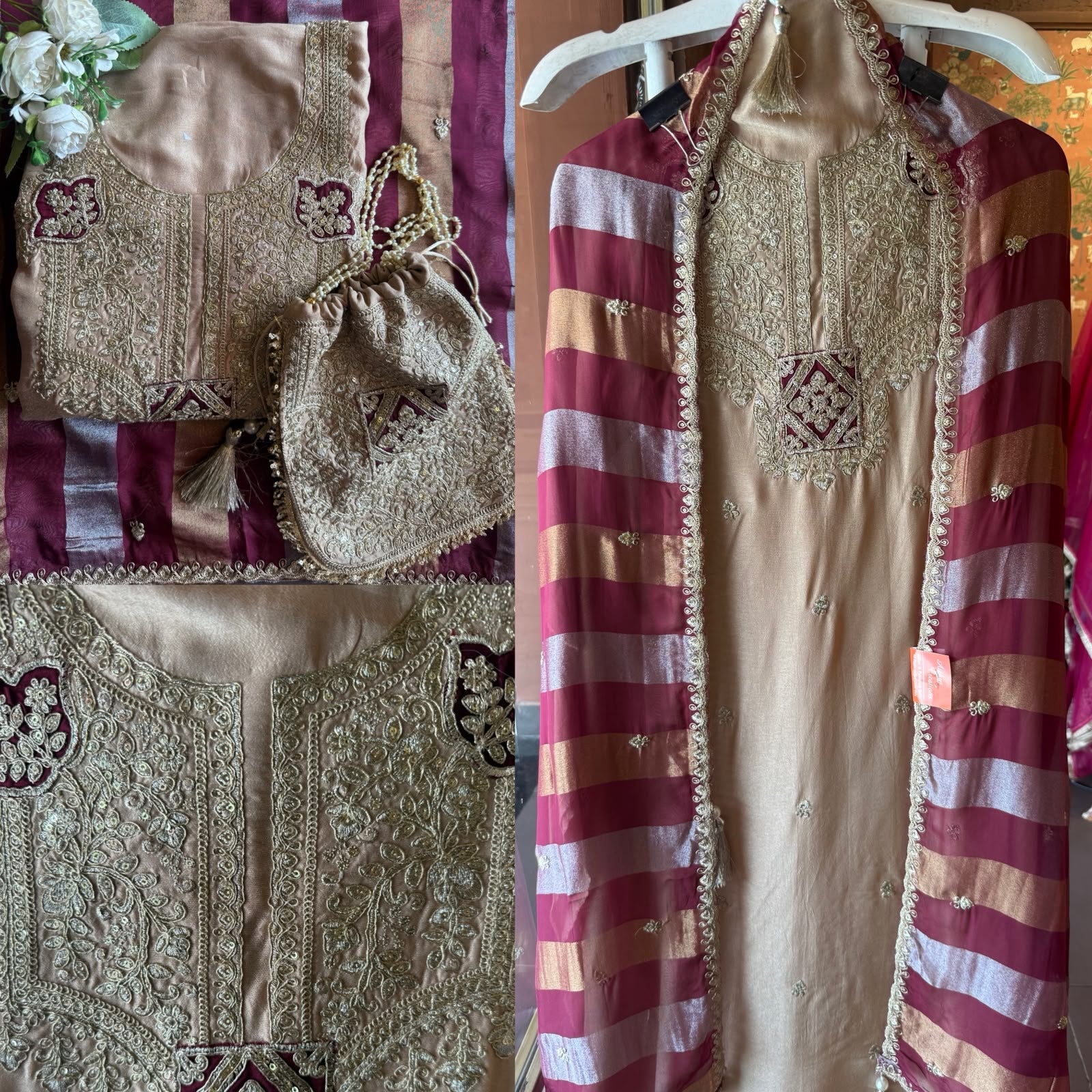 Nude Beige Hand Embroidered Suit Set with Potli