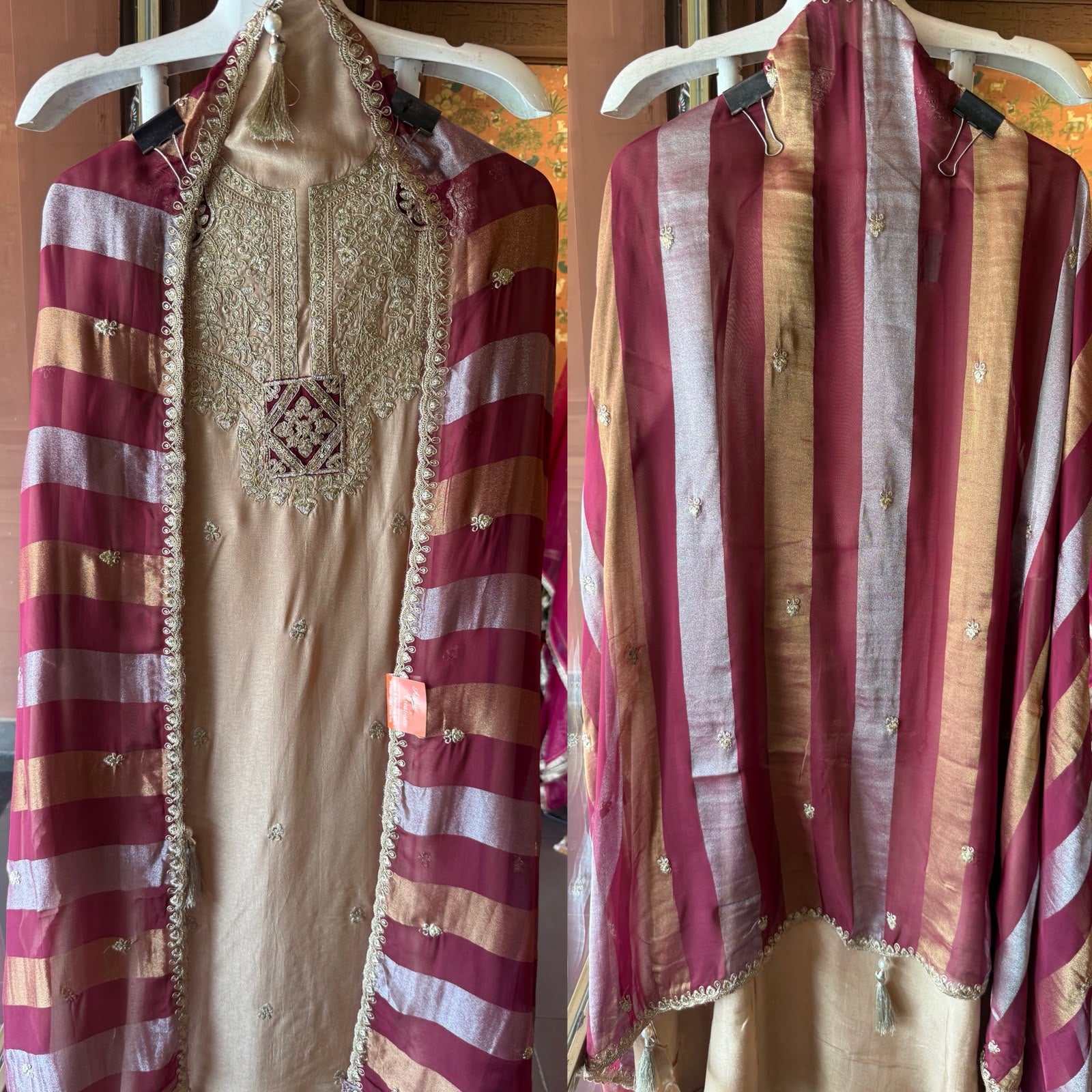 Nude Beige Hand Embroidered Suit Set with Potli